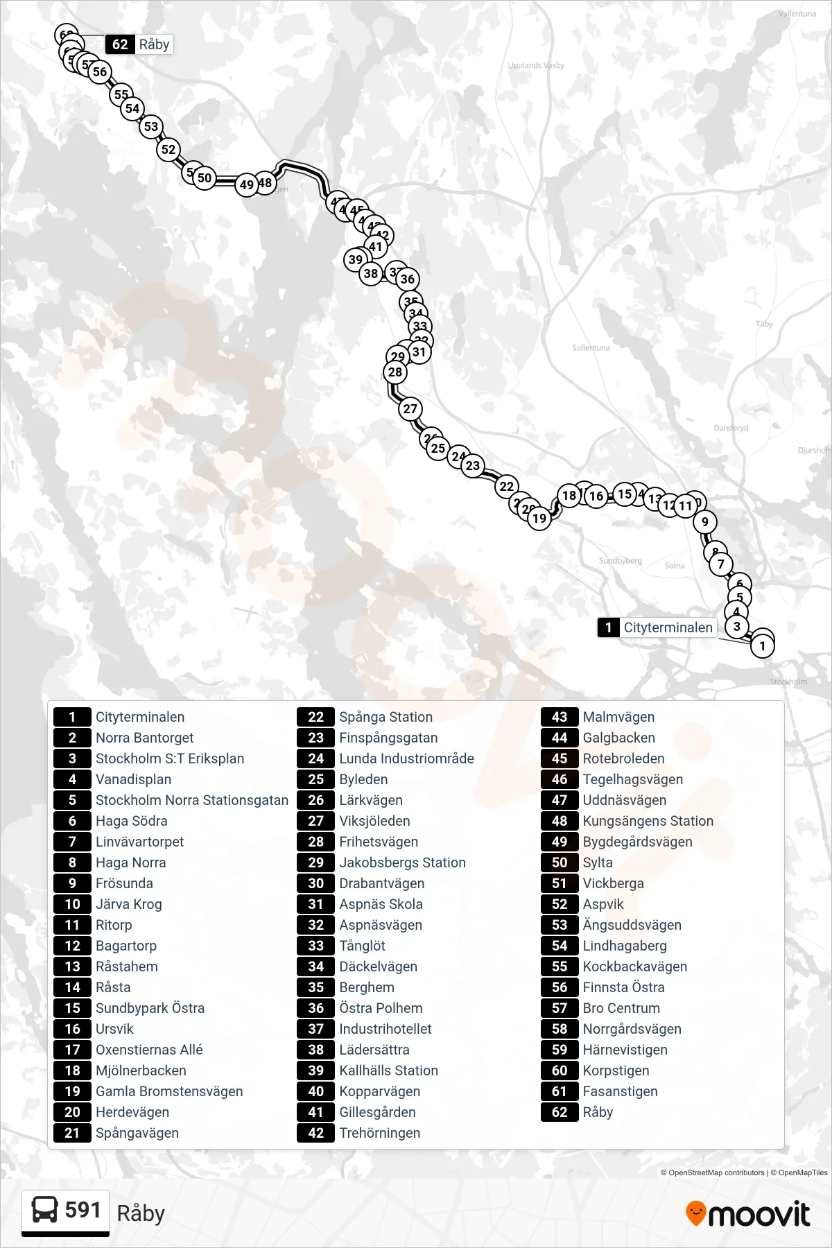 Rutt och hållplatser på karta för linje 591  buss, (Råby)