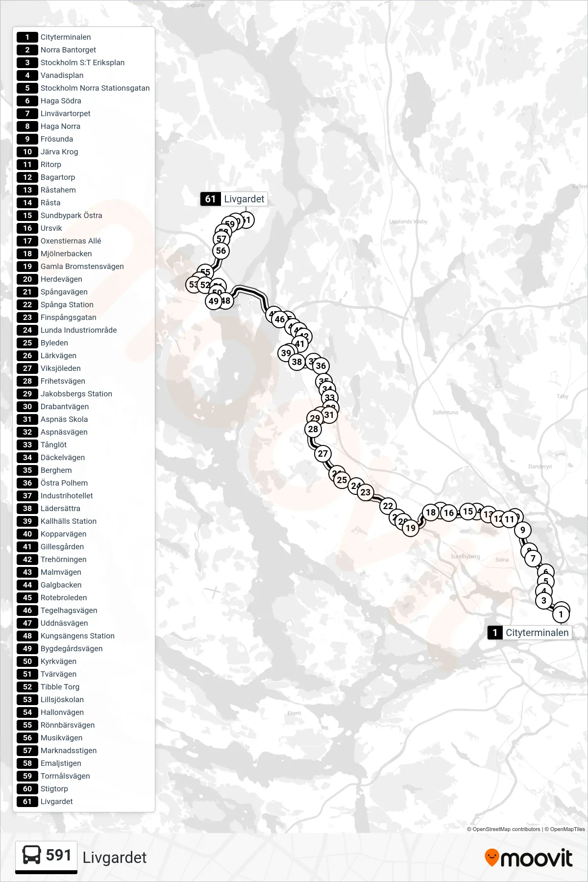 Rutt och hållplatser på karta för linje 591 buss, (Livgardet)