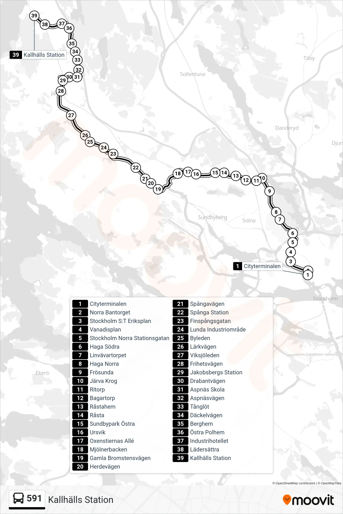 Rutt och hållplatser på karta för linje 591 buss, (Kallhälls Station)