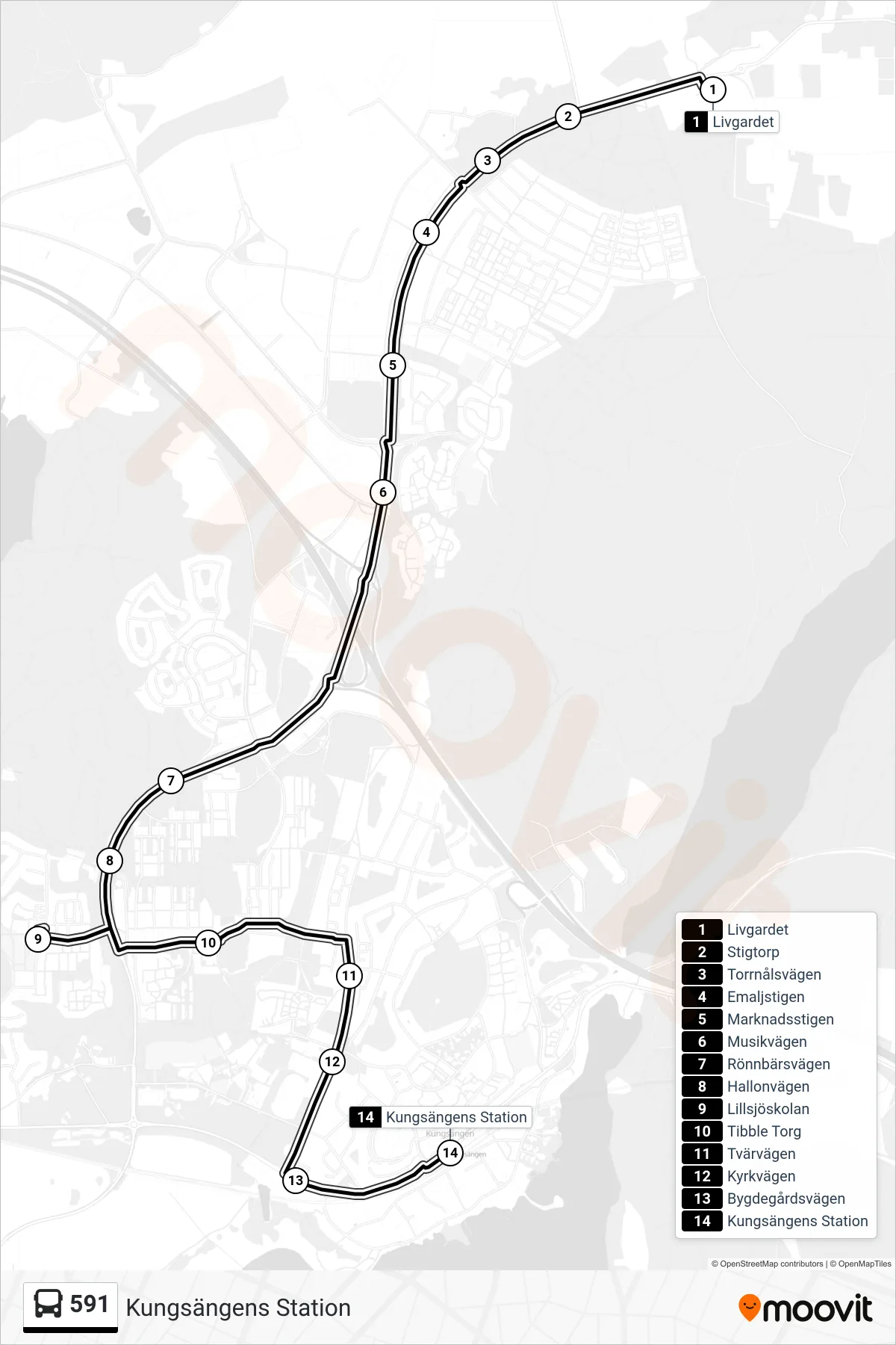 Rutt och hållplatser på karta för linje 591 buss, (Kungsängens Station)