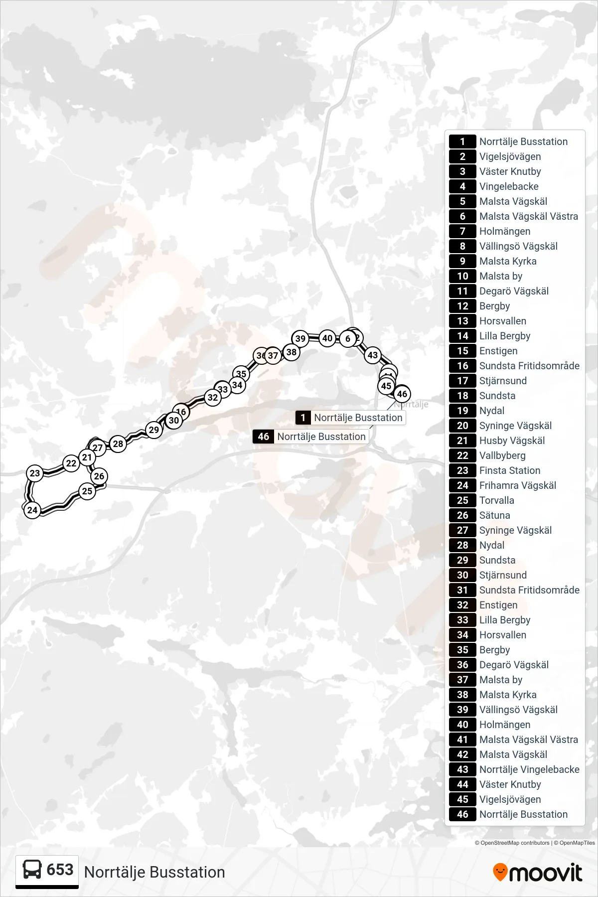 Rutt och hållplatser på karta för linje 653 buss, (Norrtälje Busstation)