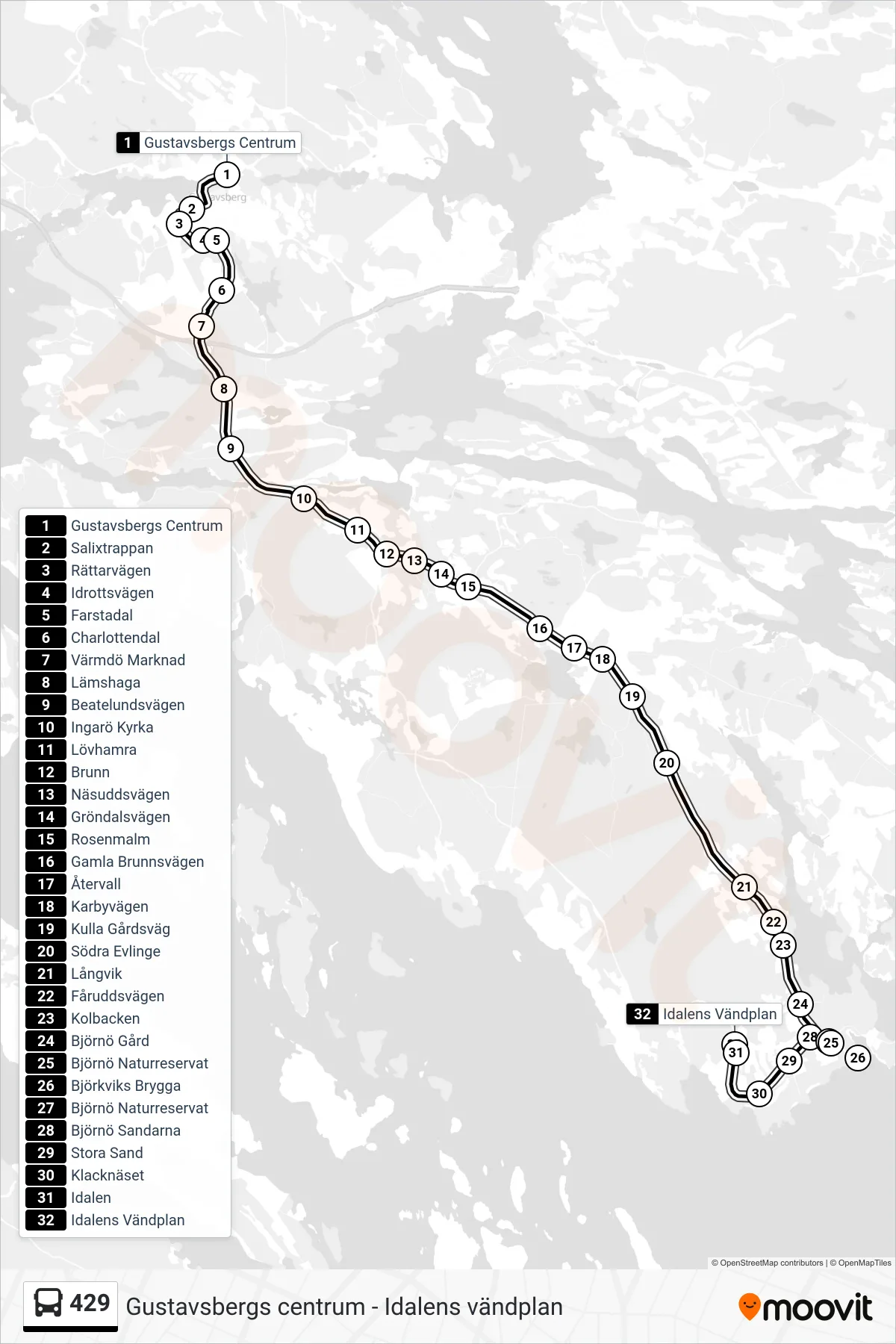 Rutt och hållplatser på karta för linje 429 buss, (Idalens Vändplan)