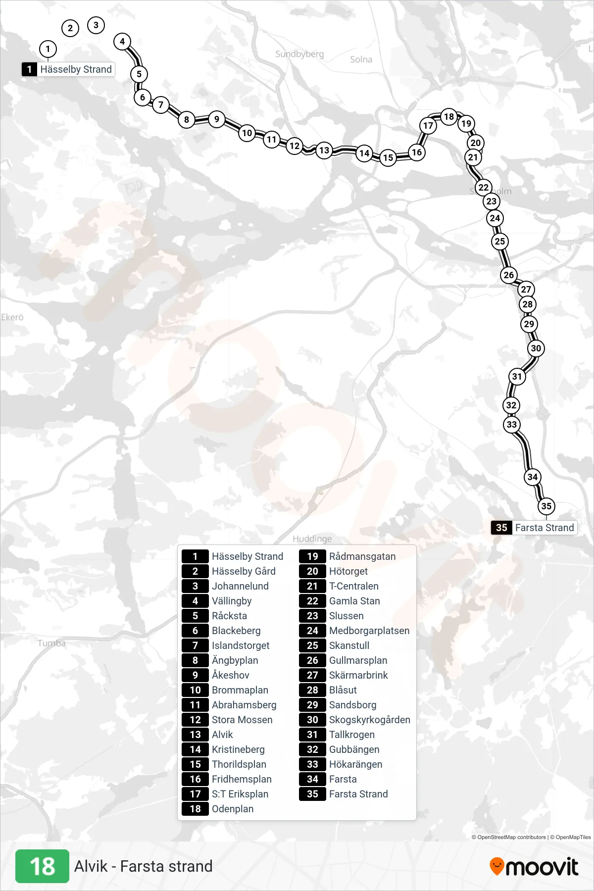 Rutt och hållplatser på karta för linje 18  tunnelbana, (Sydgående)