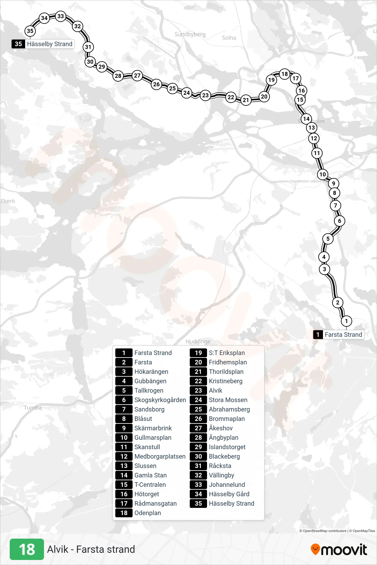 Rutt och hållplatser på karta för linje 18 tunnelbana, (Norrgående)