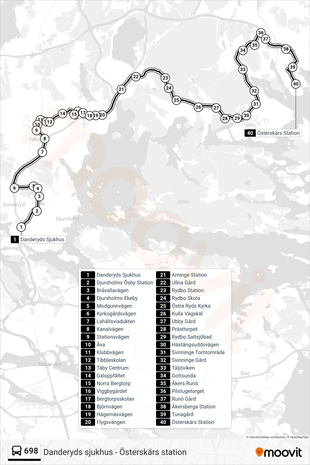Rutt och hållplatser på karta för linje 698 buss, (Österskärs Station)