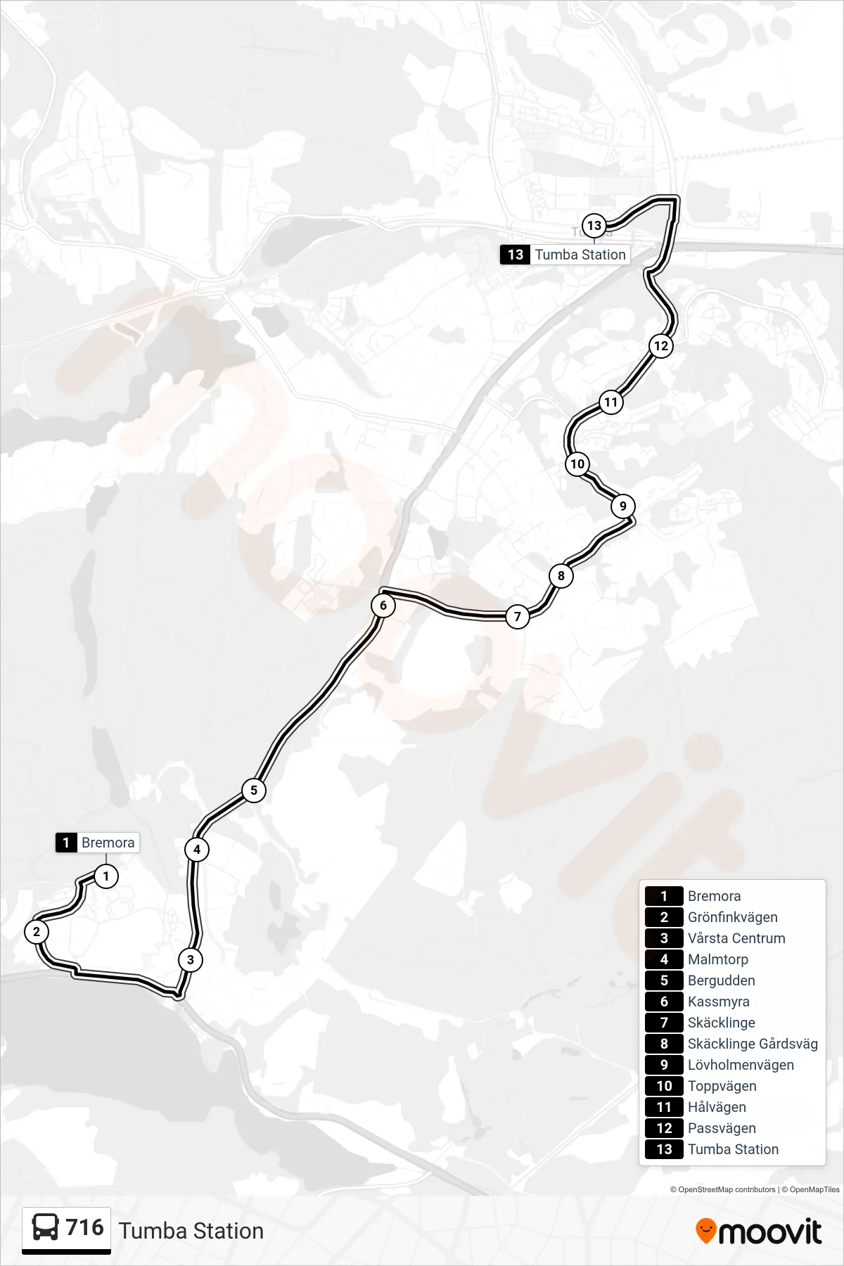 Rutt och hållplatser på karta för linje 716  buss, (Tumba Station)