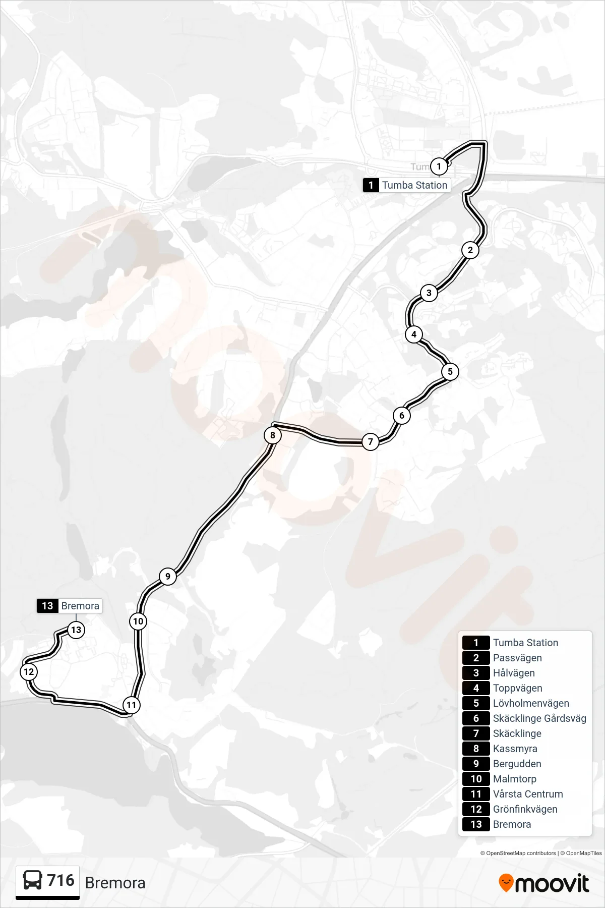 Rutt och hållplatser på karta för linje 716  buss, (Bremora)