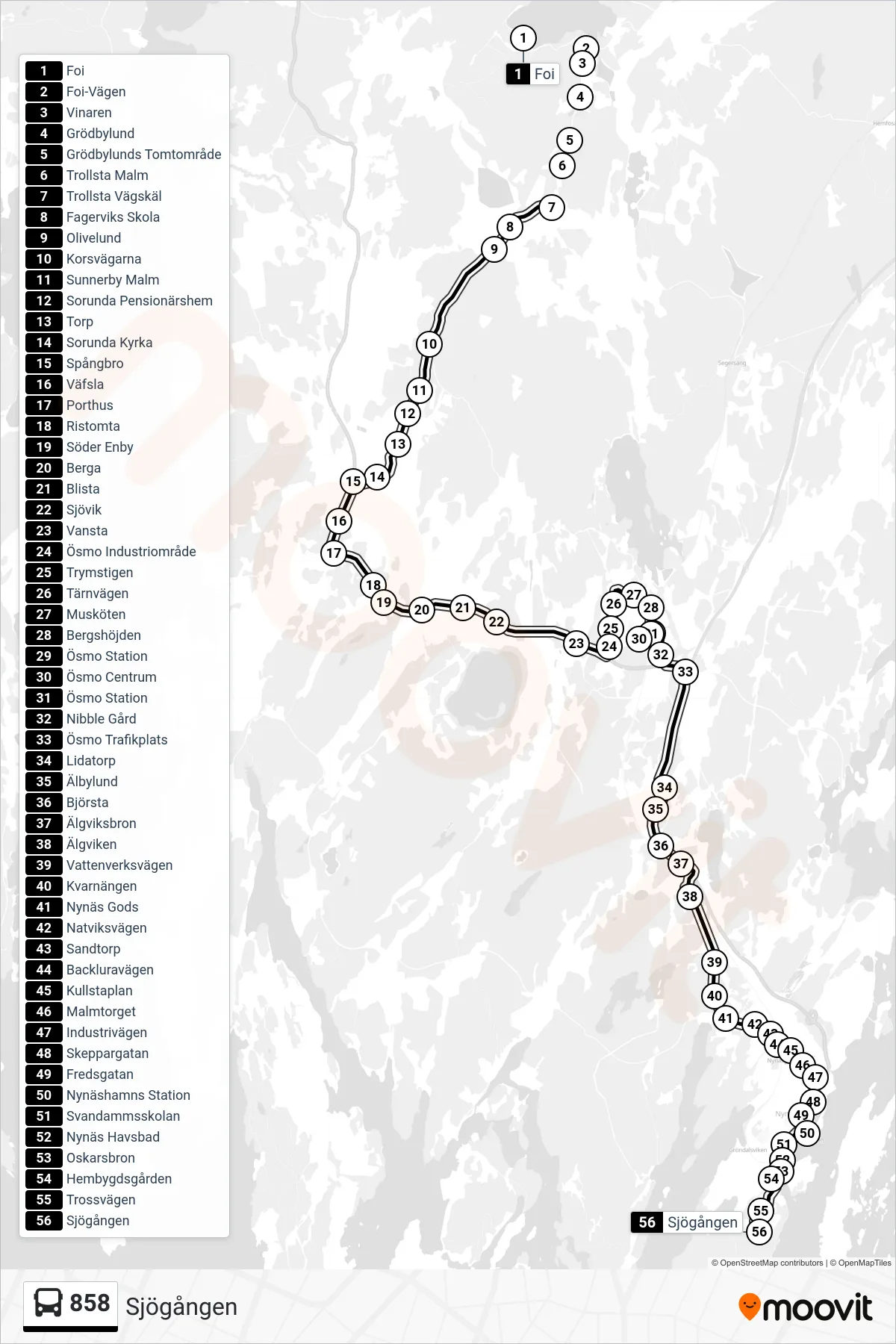 Rutt och hållplatser på karta för linje 858 buss, (Sjögången)