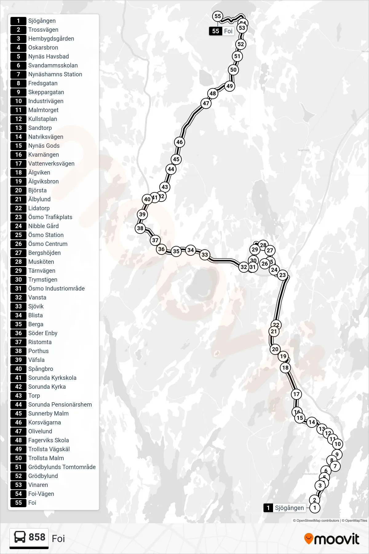 Rutt och hållplatser på karta för linje 858 buss, (Foi)