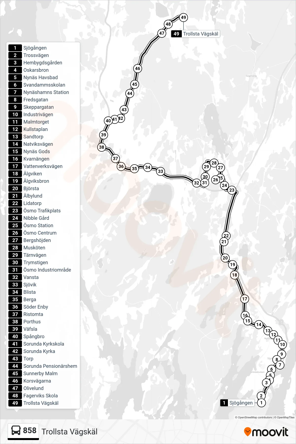 Rutt och hållplatser på karta för linje 858  buss, (Trollsta Vägskäl)