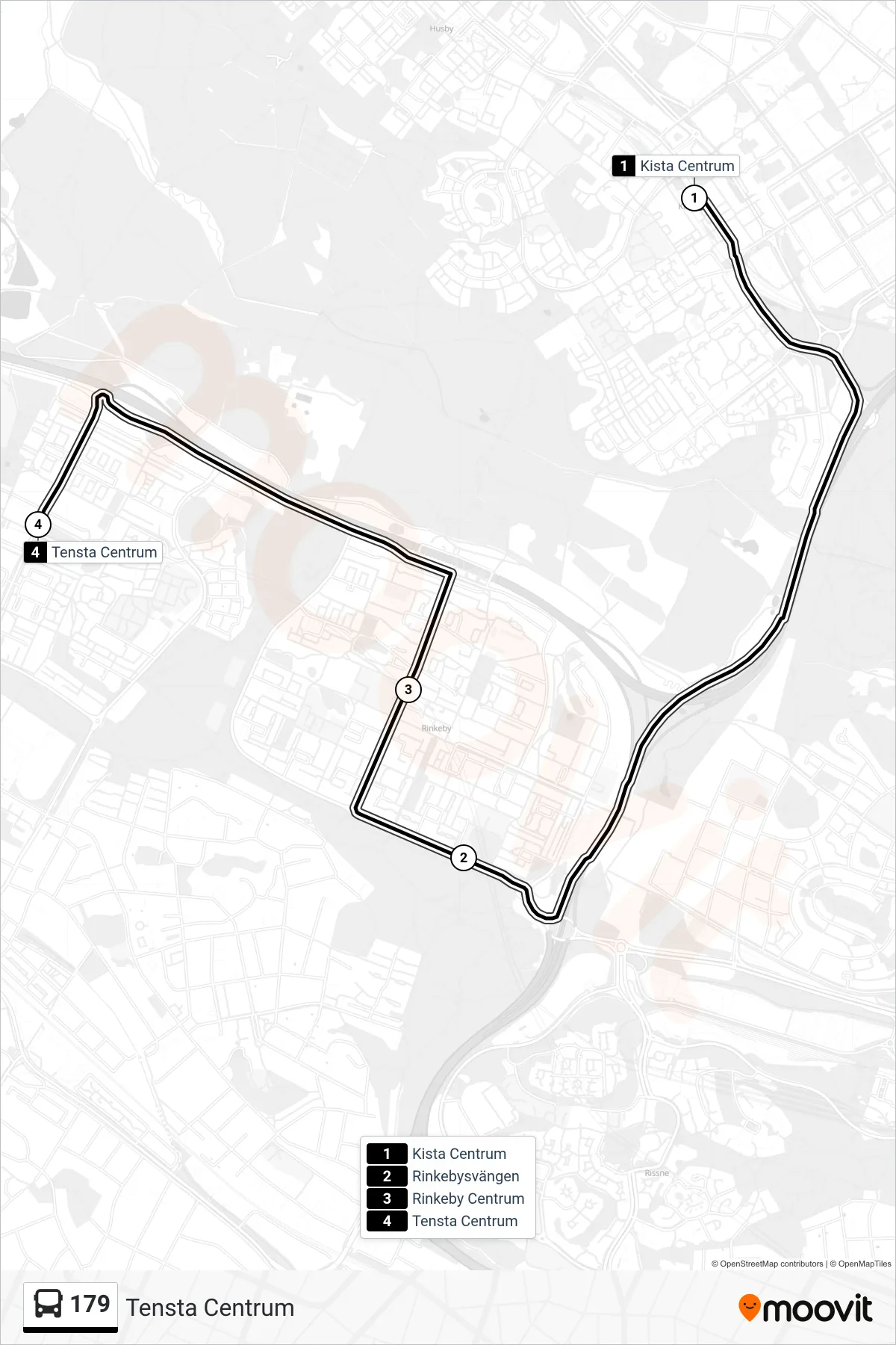 Rutt och hållplatser på karta för linje 179 buss, (Tensta Centrum)