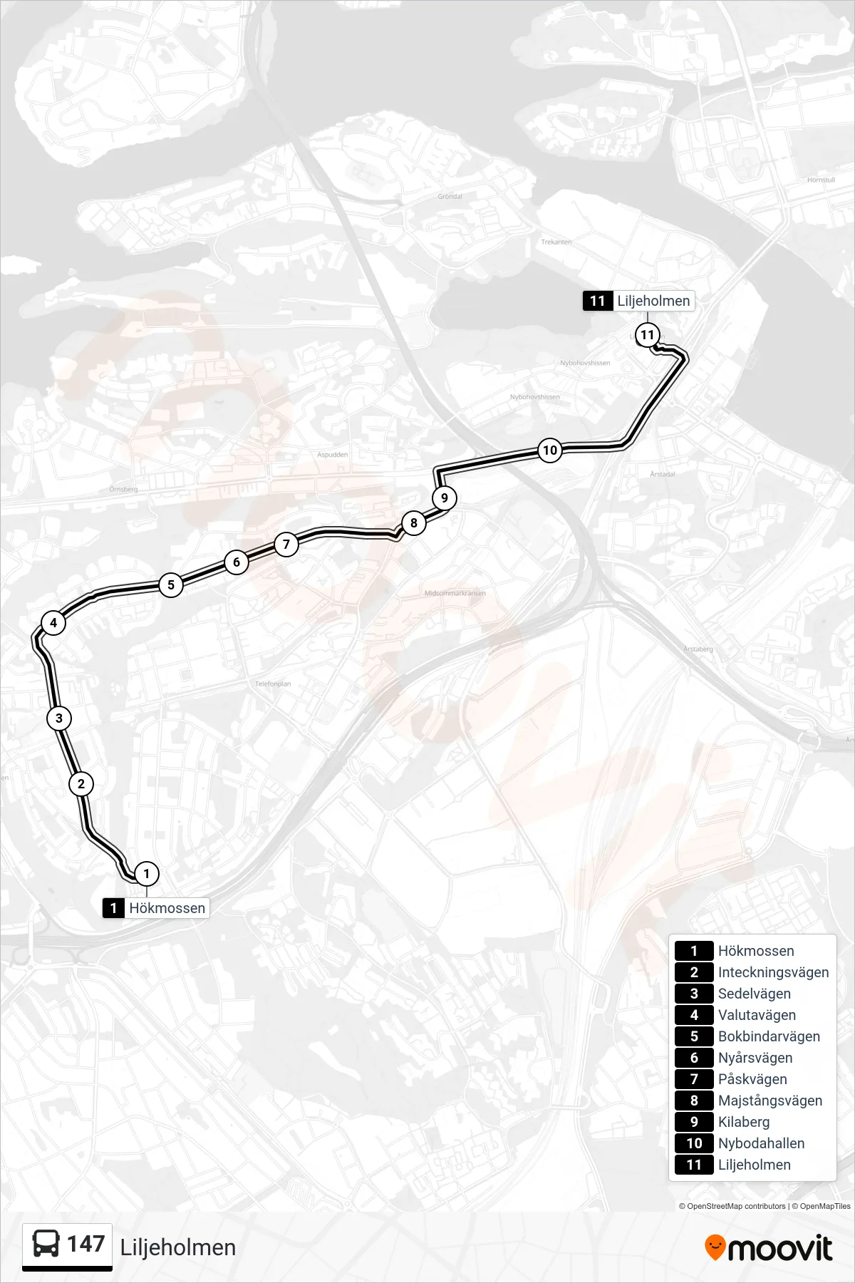 Rutt och hållplatser på karta för linje 147 buss, (Liljeholmen)