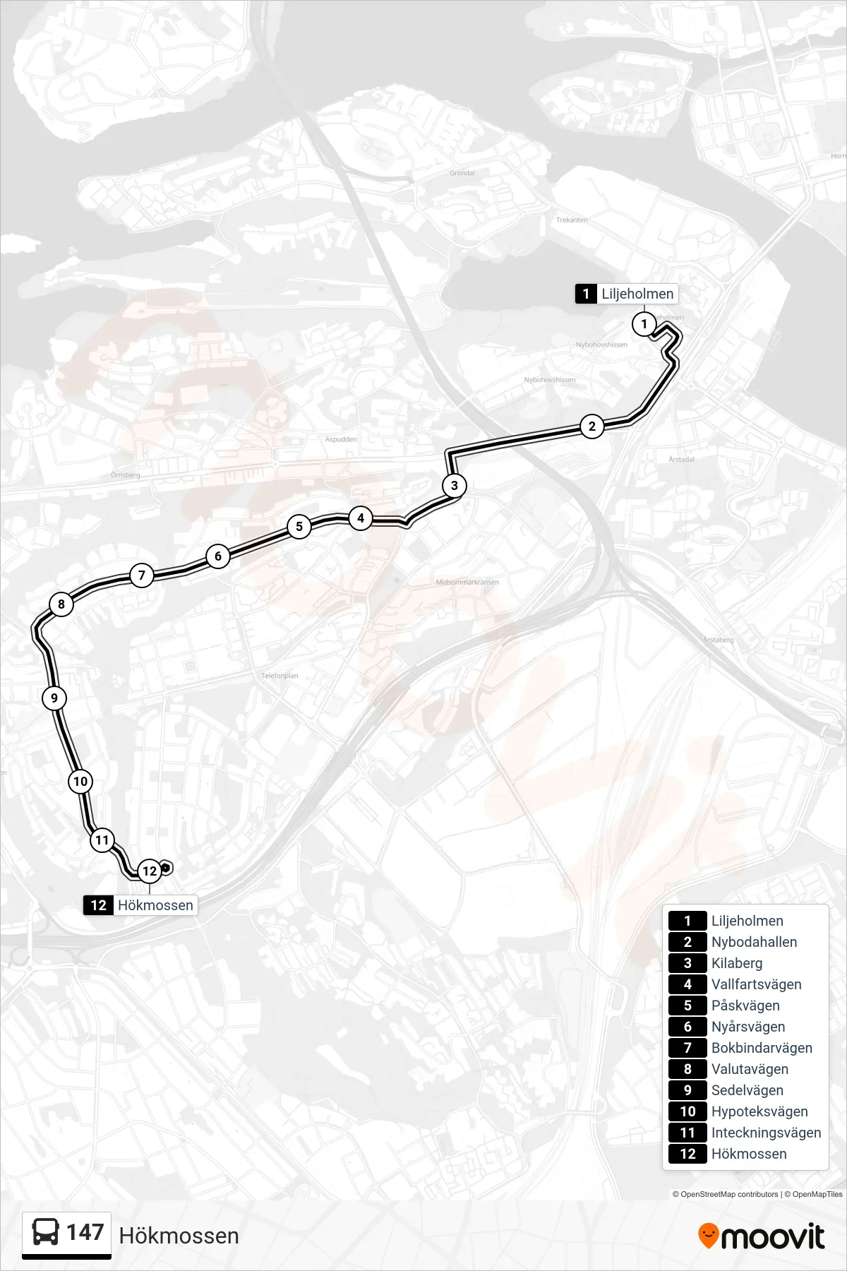 Rutt och hållplatser på karta för linje 147 buss, (Hökmossen)