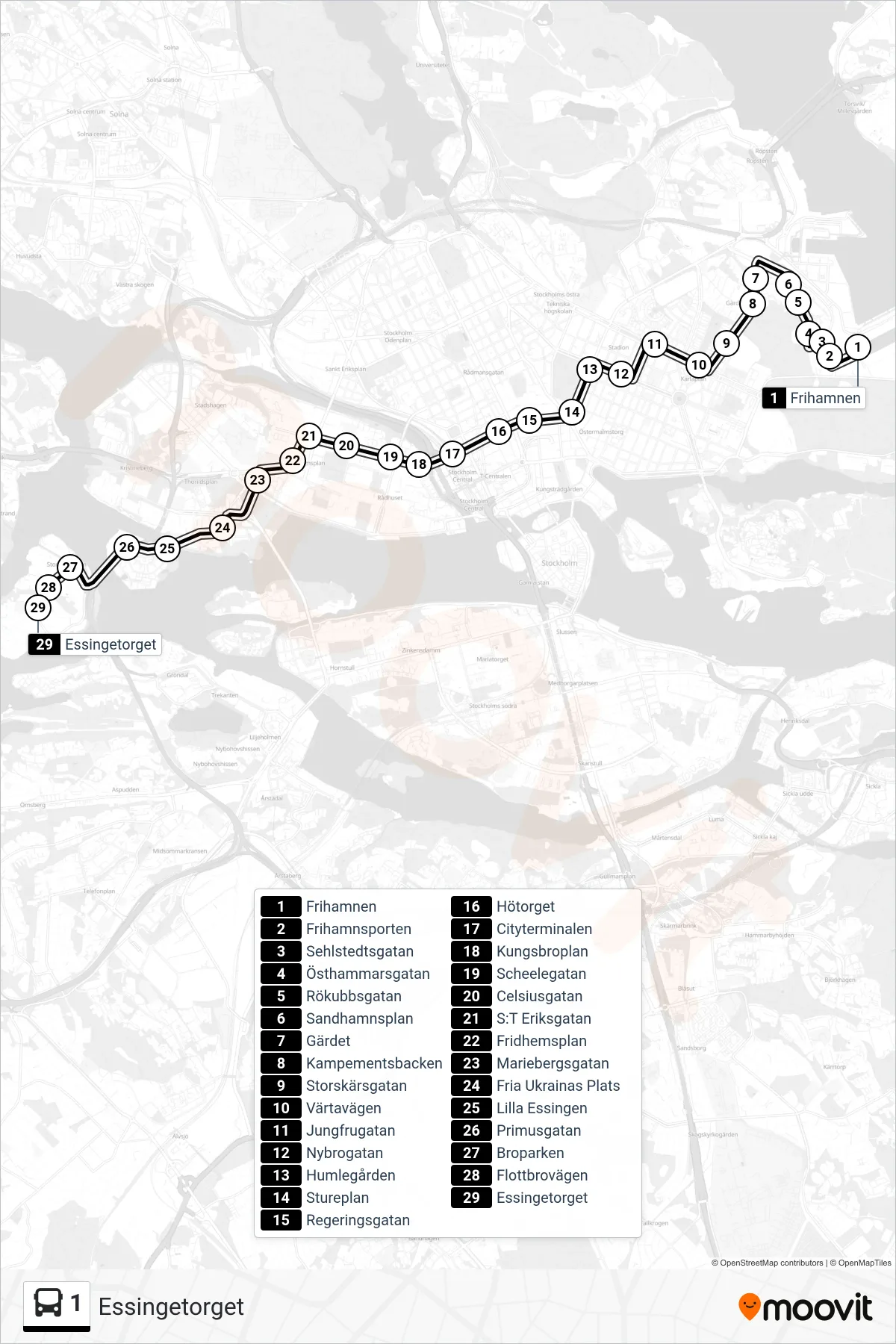 Rutt och hållplatser på karta för linje 1 buss, (Essingetorget)