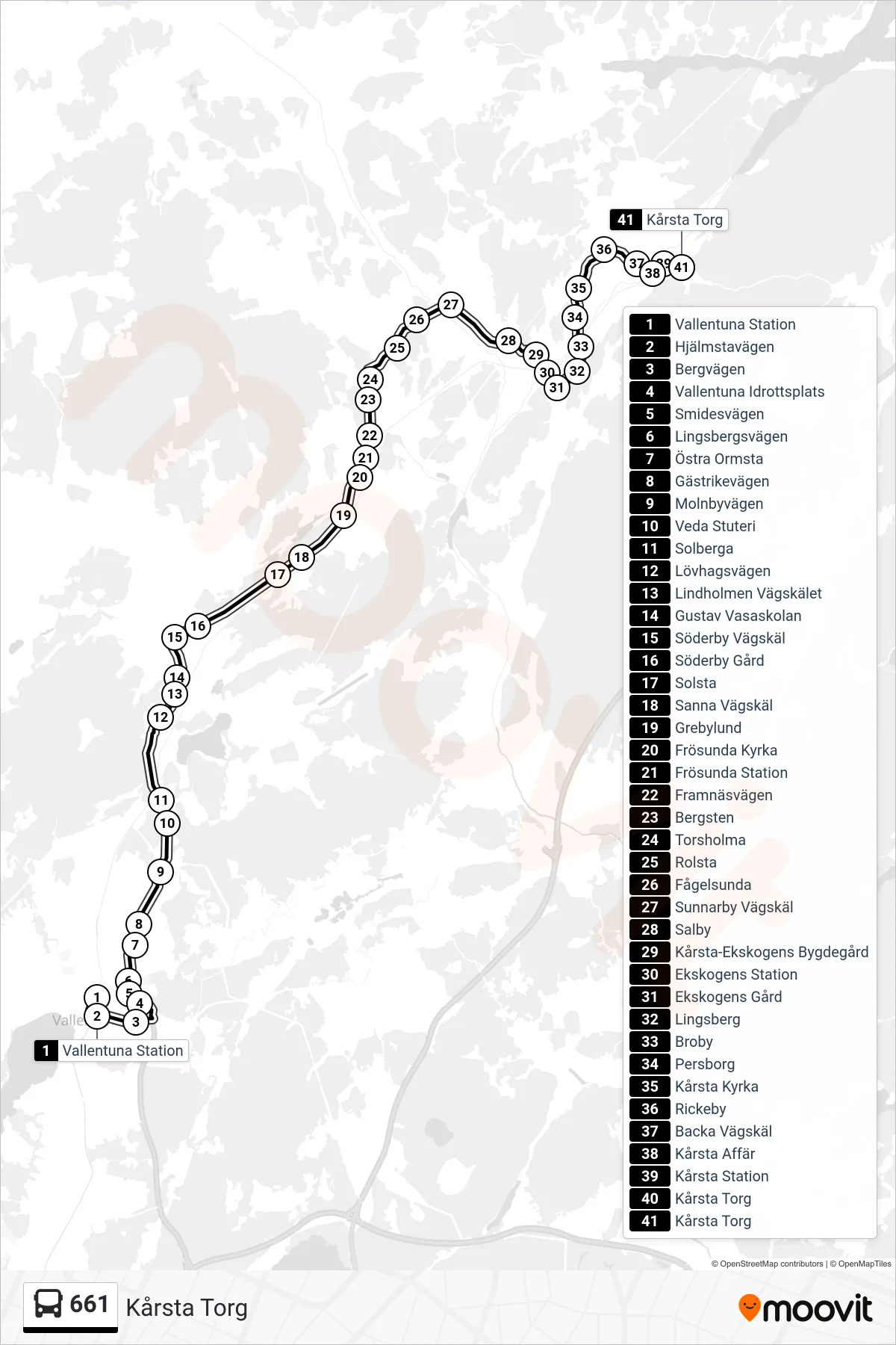 Rutt och hållplatser på karta för linje 661 buss, (Kårsta Torg)
