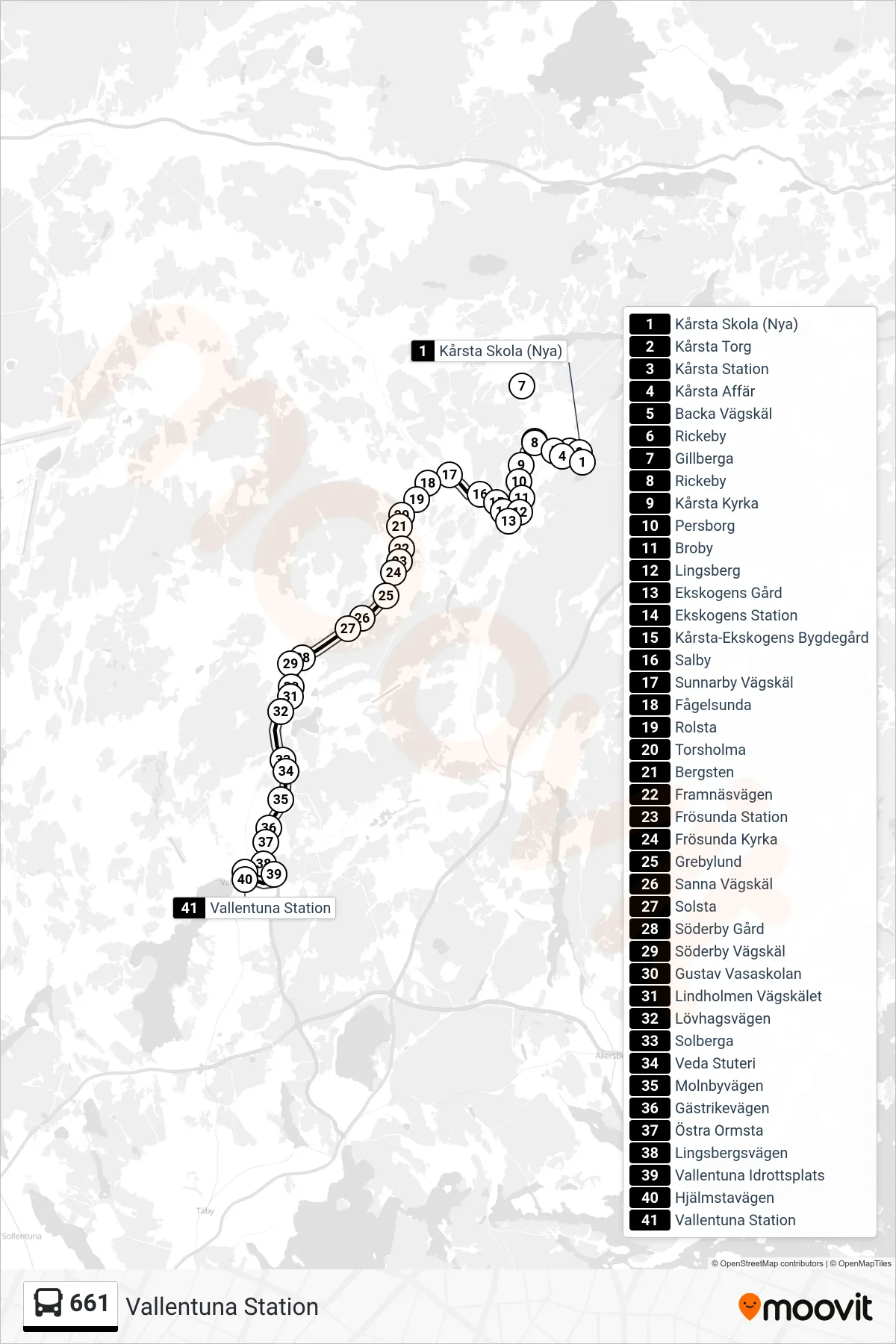 Rutt och hållplatser på karta för linje 661 buss, (Vallentuna Station)