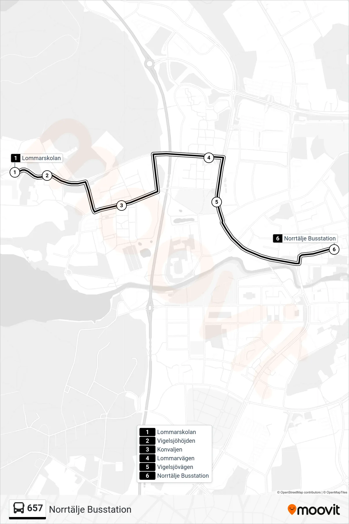 Rutt och hållplatser på karta för linje 657 buss, (Norrtälje Busstation)