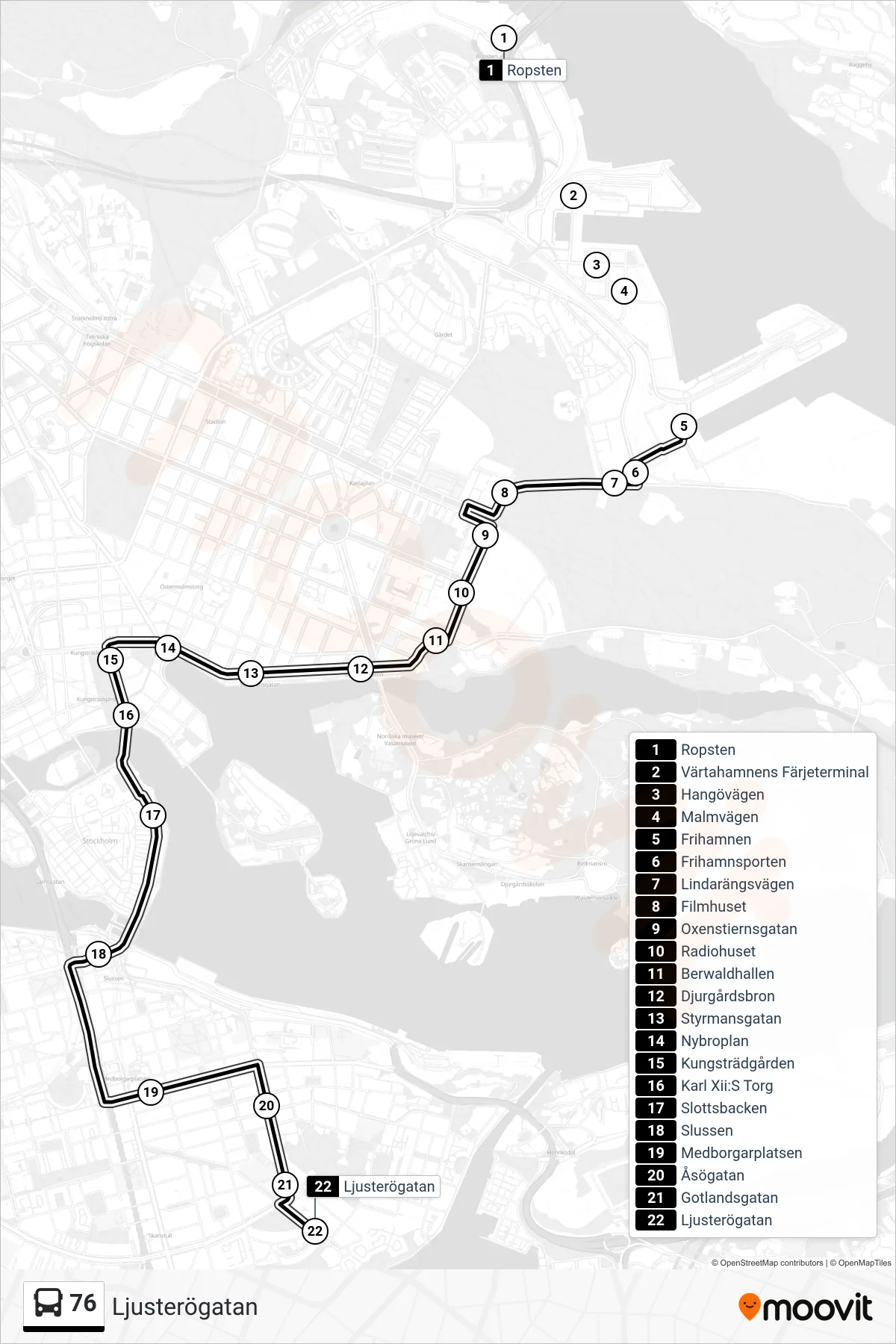 Rutt och hållplatser på karta för linje 76 buss, (Ljusterögatan)