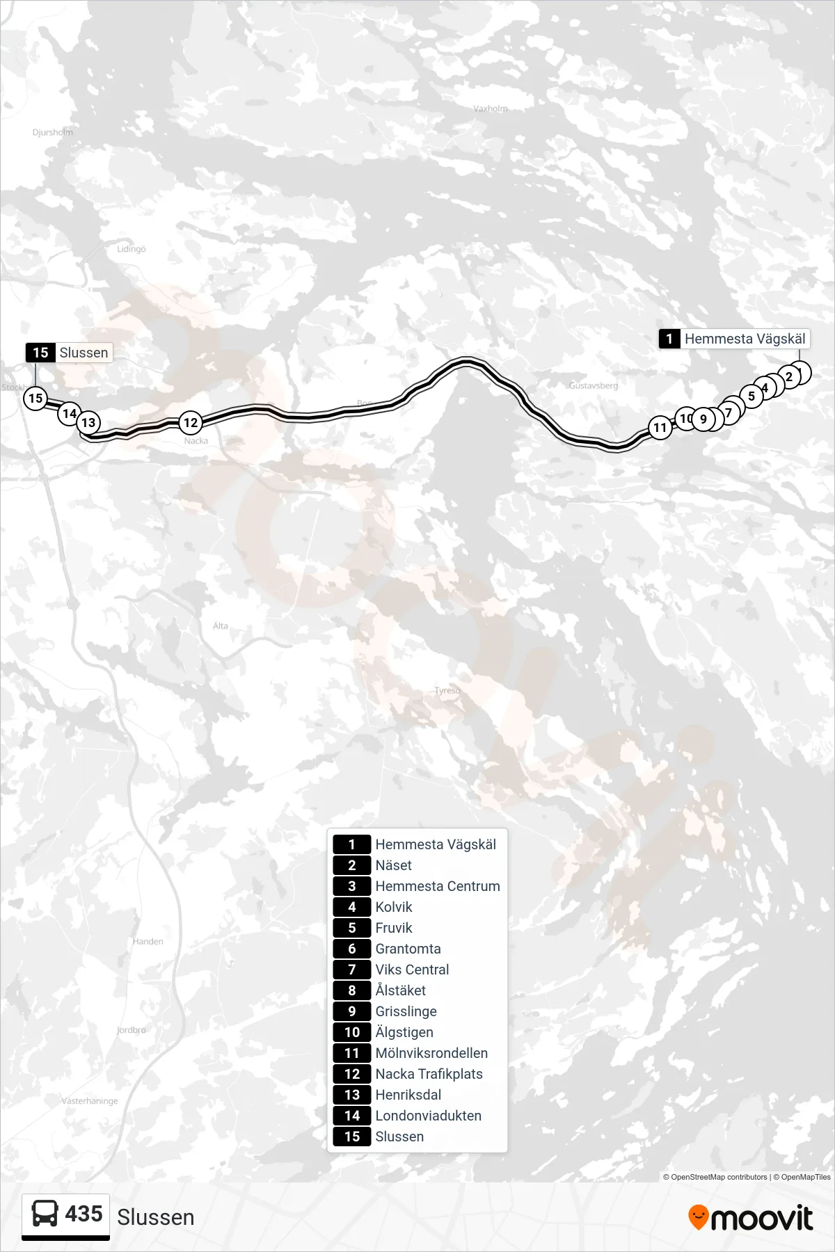 Rutt och hållplatser på karta för linje 435 buss, (Slussen)