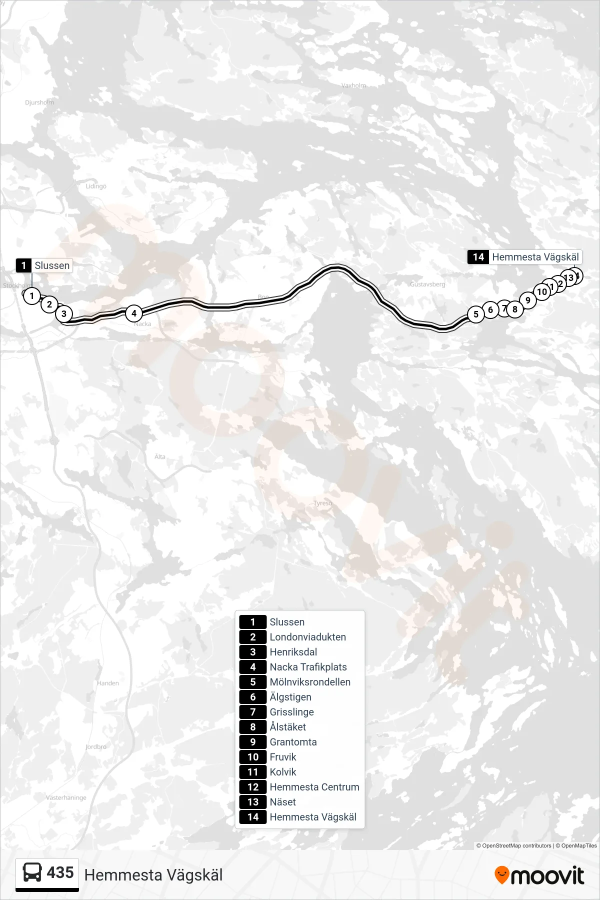 Rutt och hållplatser på karta för linje 435  buss, (Hemmesta Vägskäl)