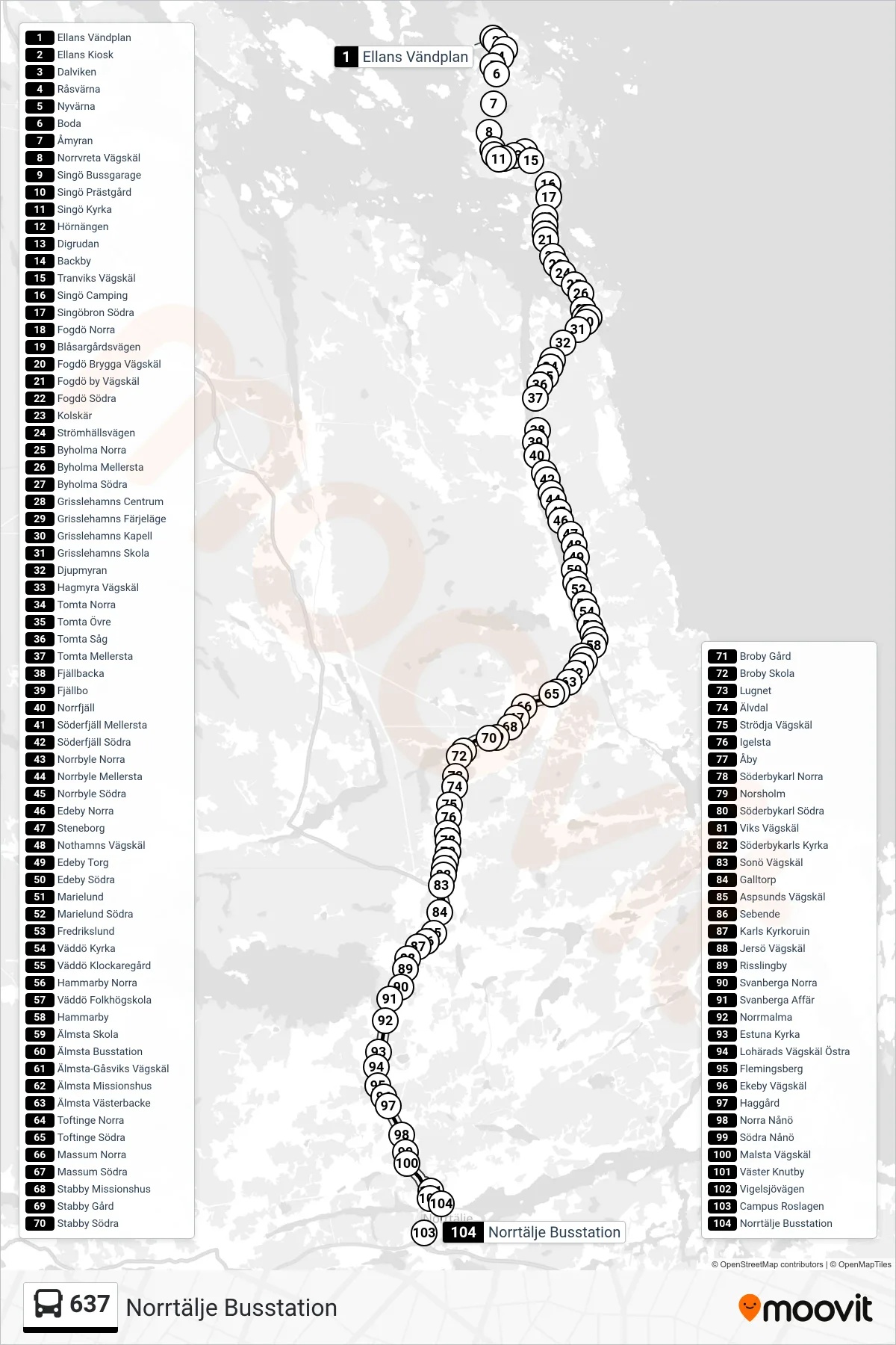 Rutt och hållplatser på karta för linje 637 buss, (Norrtälje Busstation)