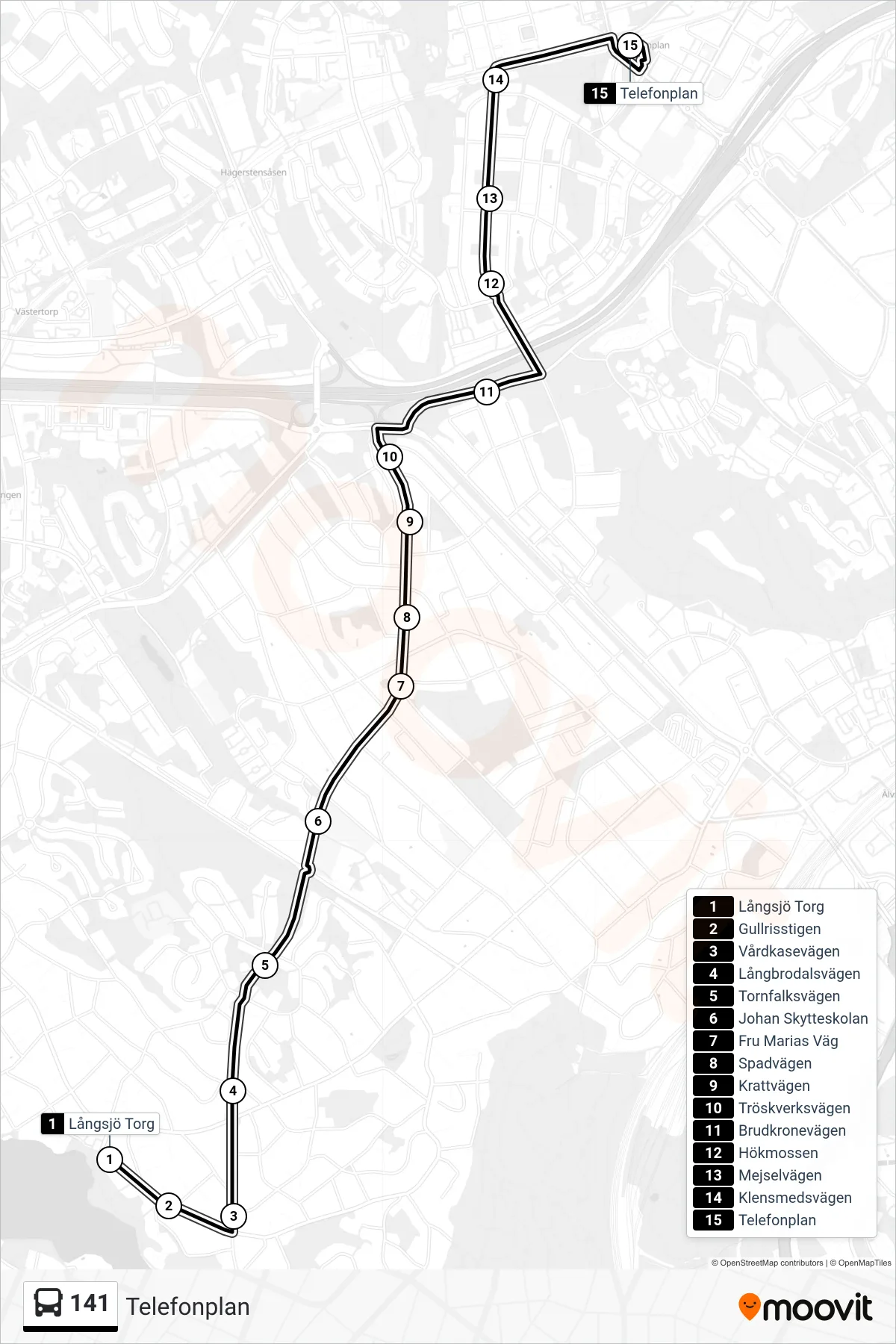 Rutt och hållplatser på karta för linje 141 buss, (Telefonplan)