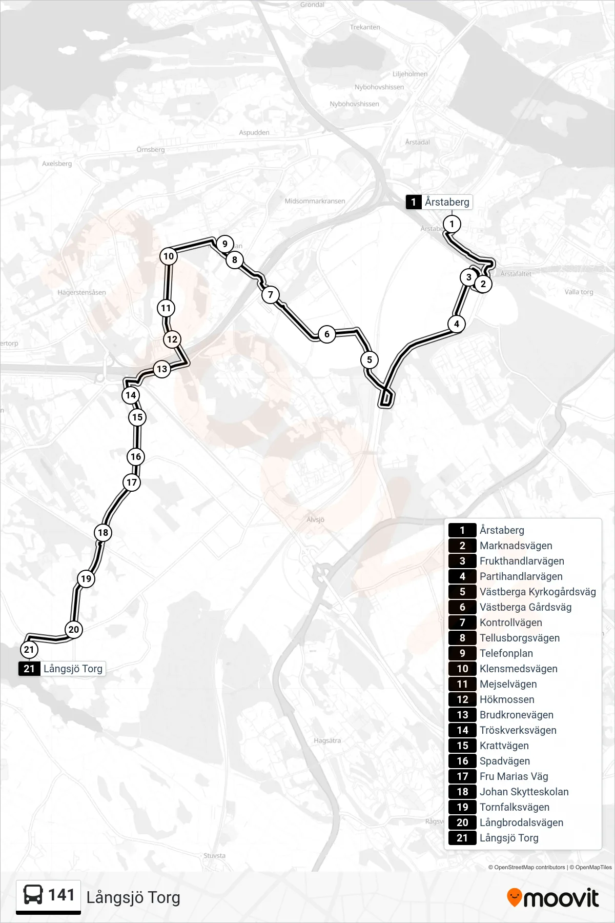 Rutt och hållplatser på karta för linje 141  buss, (Långsjö Torg)