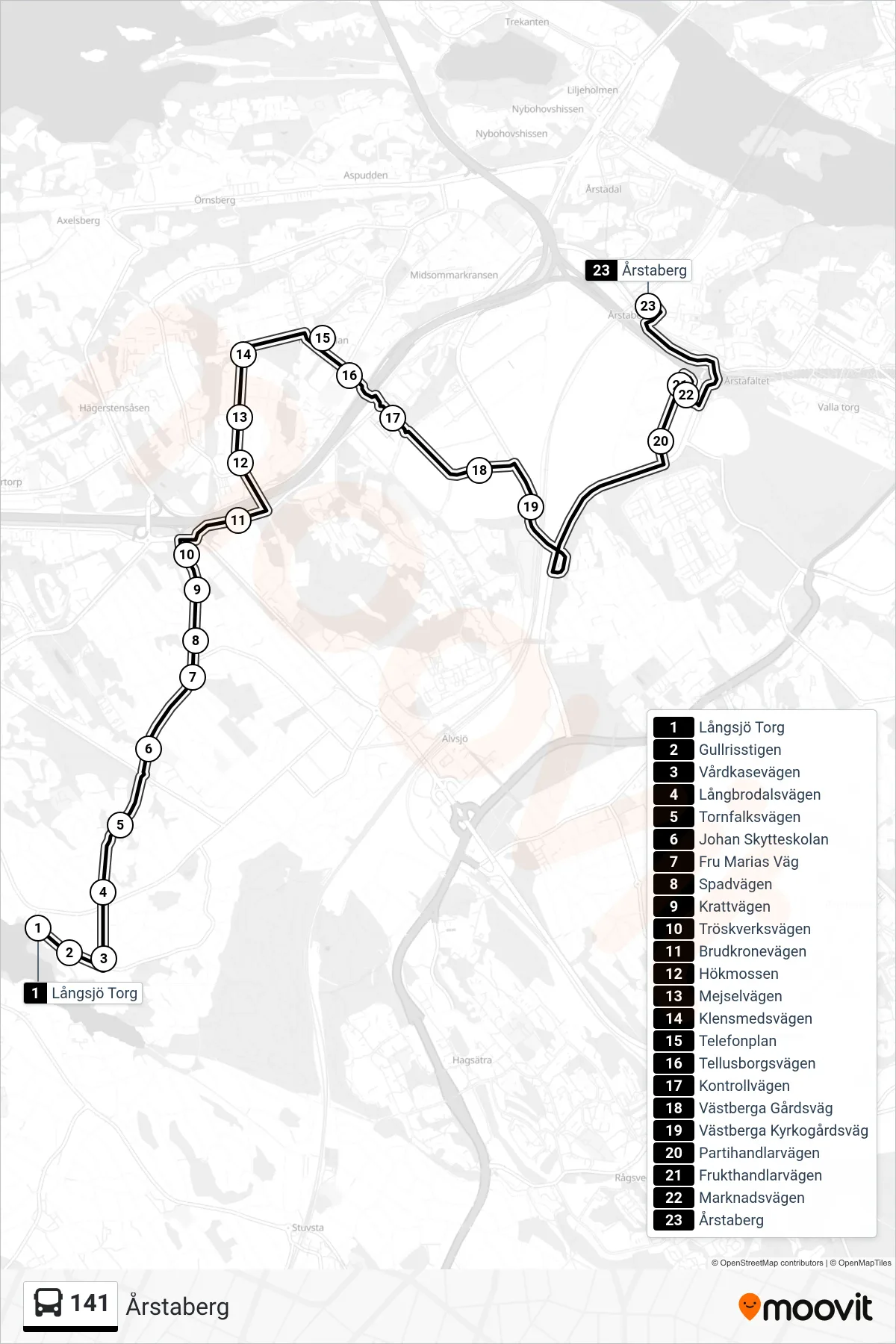 Rutt och hållplatser på karta för linje 141 buss, (Årstaberg)