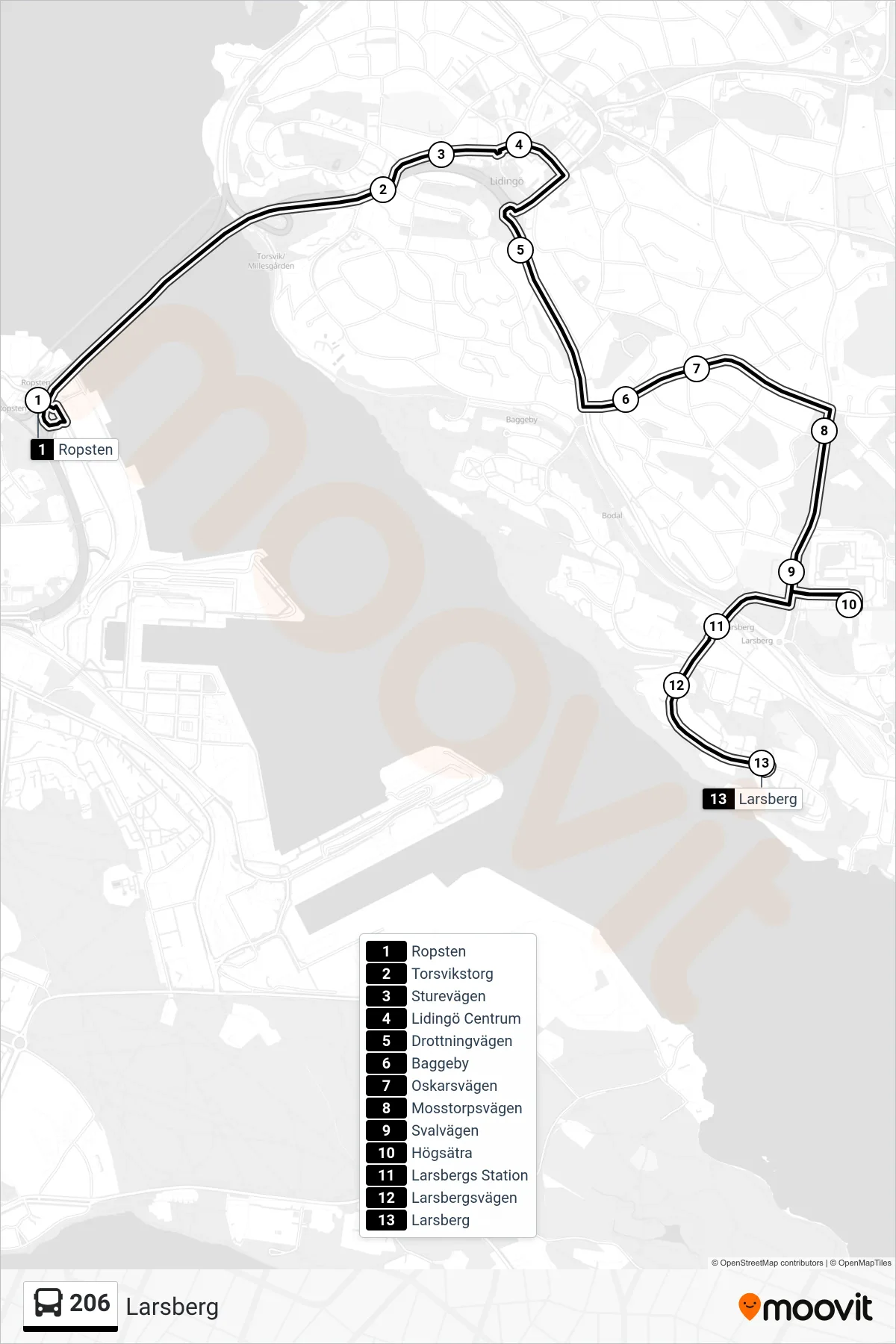 Rutt och hållplatser på karta för linje 206 buss, (Larsberg)