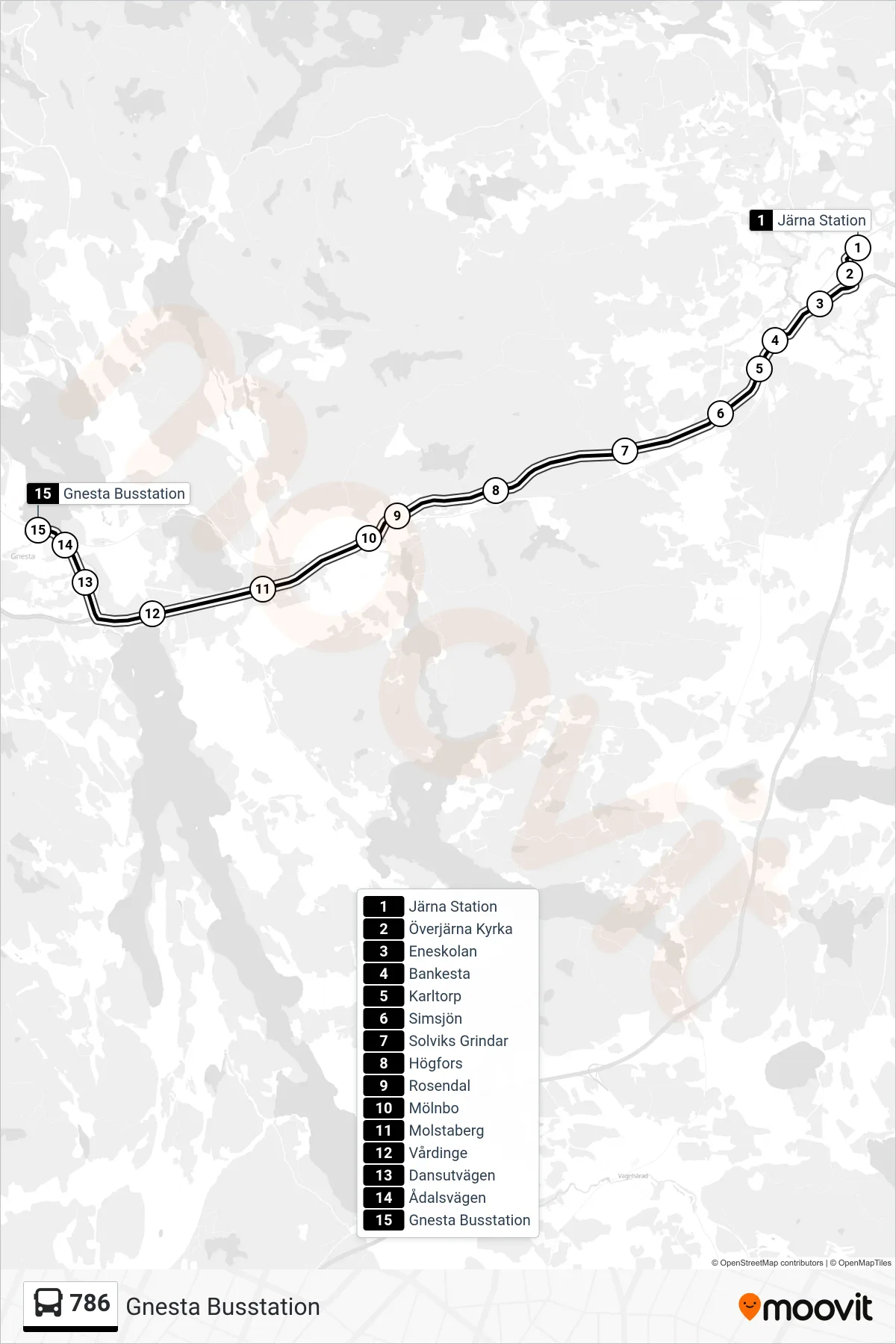 Rutt och hållplatser på karta för linje 786 buss, (Gnesta Busstation)