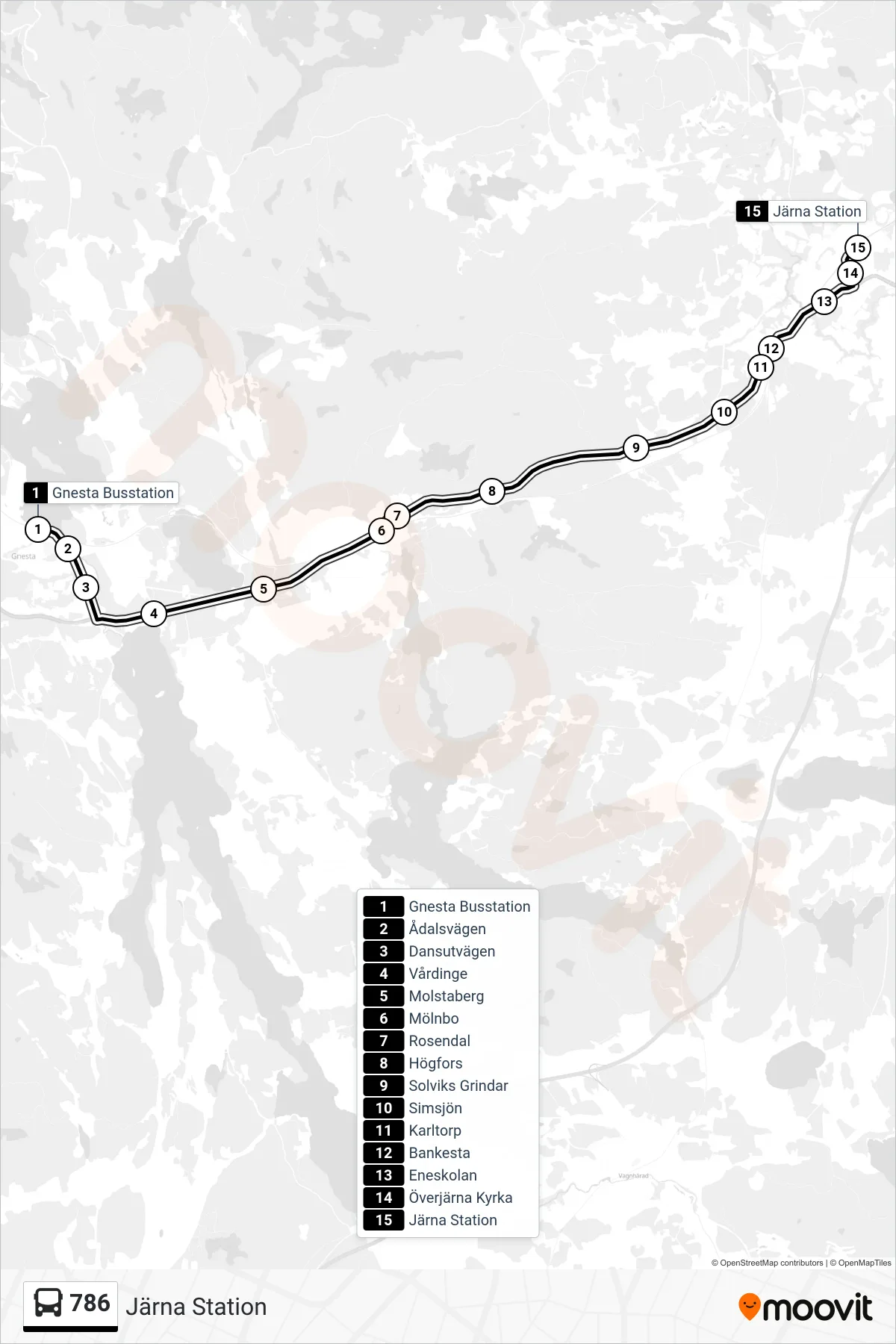 Rutt och hållplatser på karta för linje 786 buss, (Järna Station)