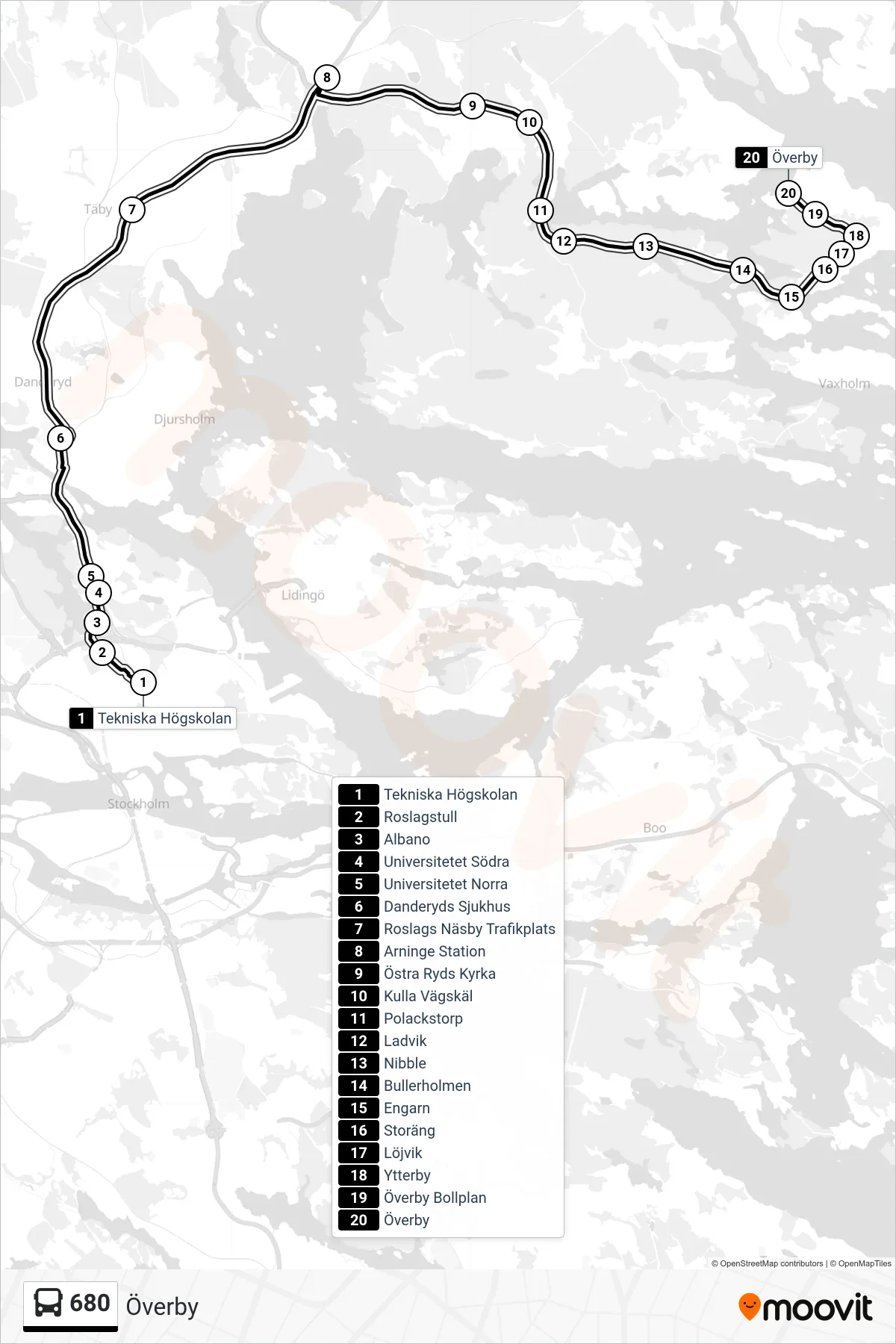 Rutt och hållplatser på karta för linje 680 buss, (Överby)