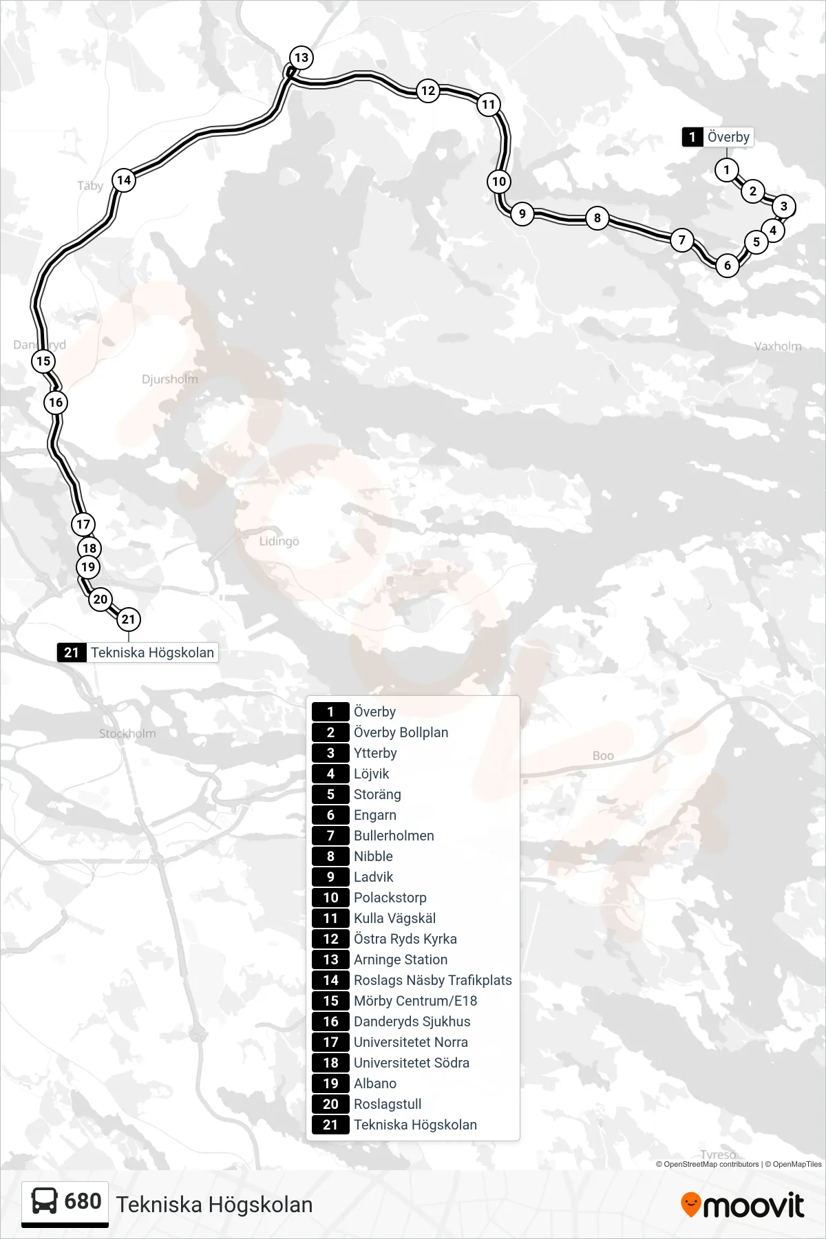 Rutt och hållplatser på karta för linje 680 buss, (Tekniska Högskolan)