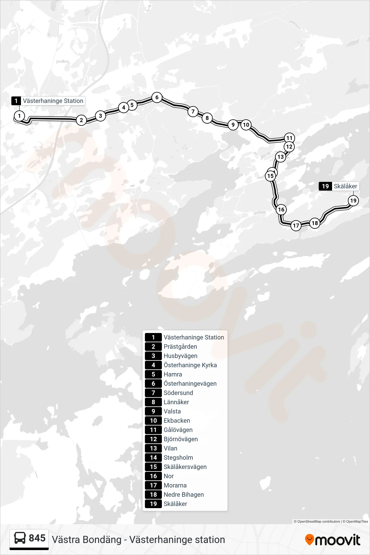 Rutt och hållplatser på karta för linje 845 buss, (Skälåker)