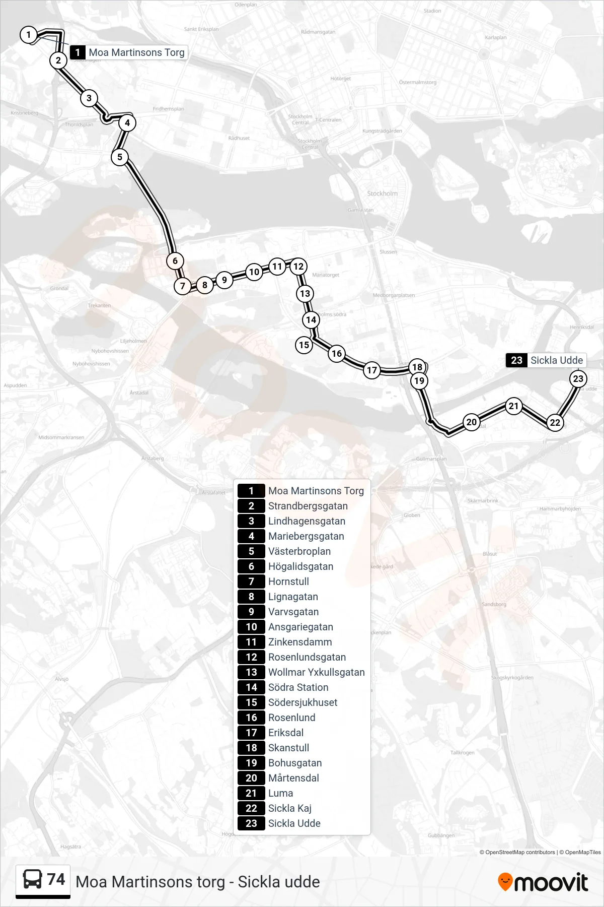 Rutt och hållplatser på karta för linje 74  buss, (Sickla Udde)