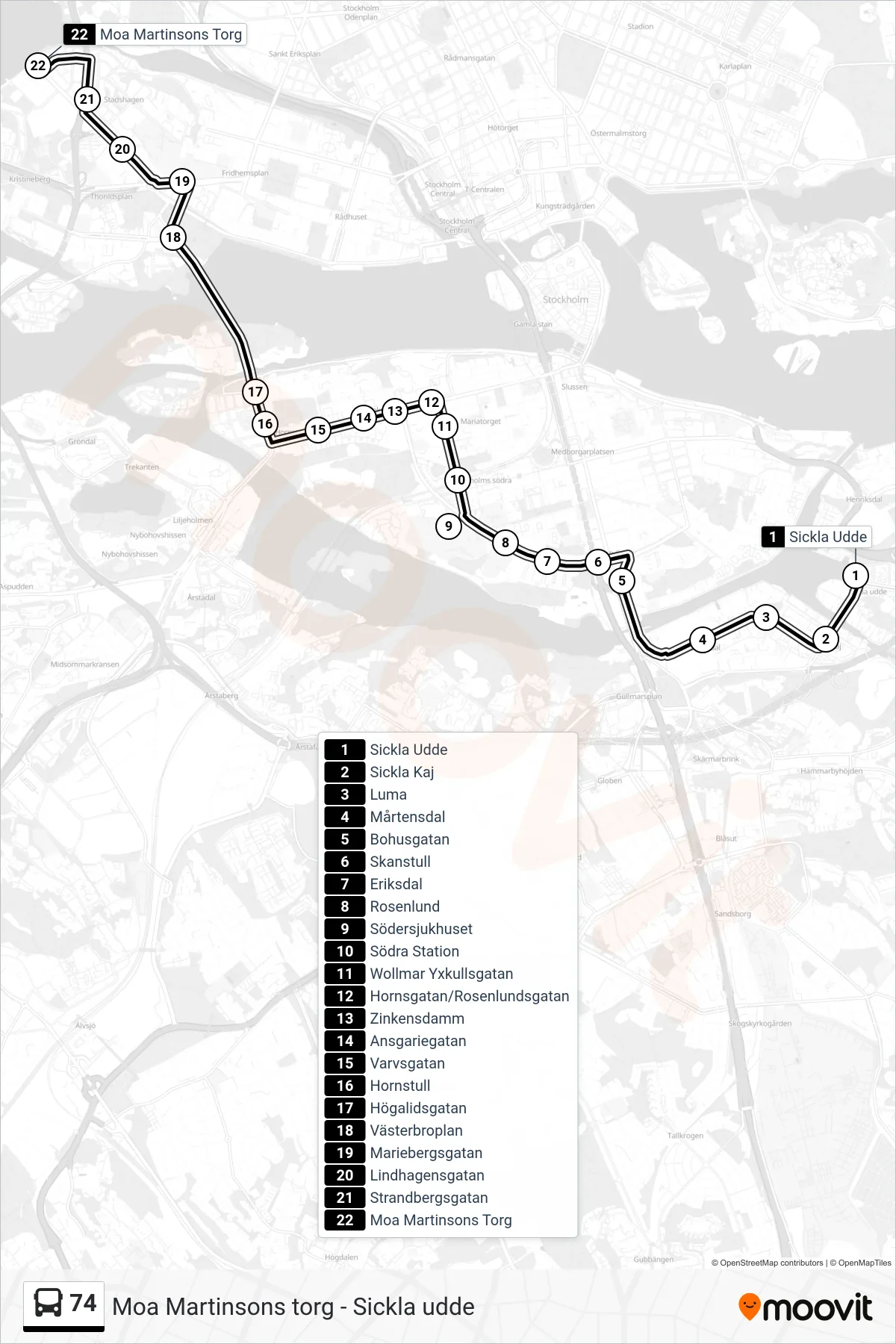 Rutt och hållplatser på karta för linje 74  buss, (Moa Martinsons Torg)