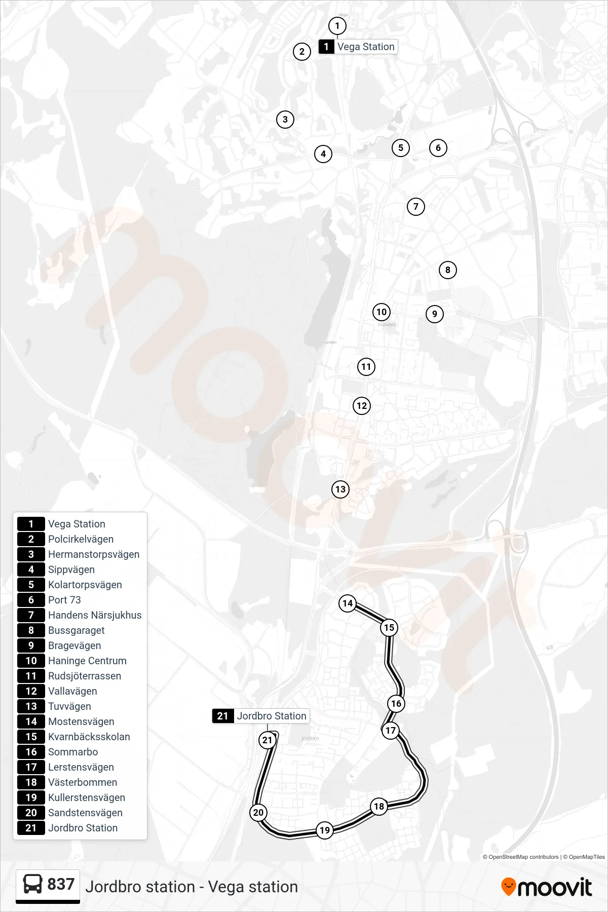 Rutt och hållplatser på karta för linje 837  buss, (Jordbro Station)