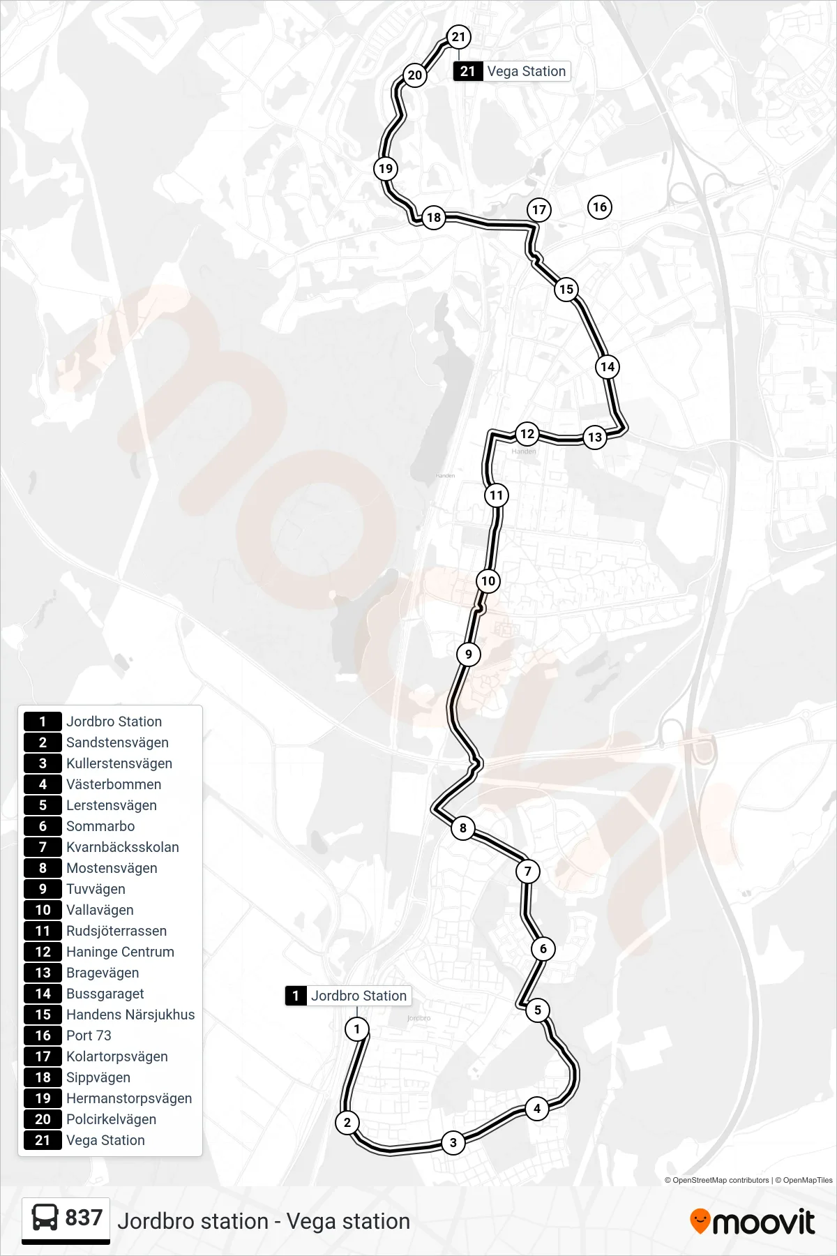 Rutt och hållplatser på karta för linje 837 buss, (Vega Station)
