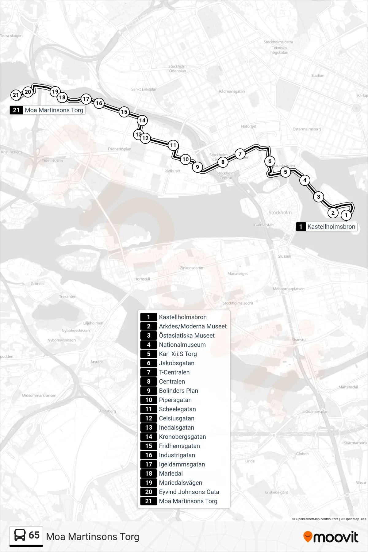 Rutt och hållplatser på karta för linje 65 buss, (Moa Martinsons Torg)