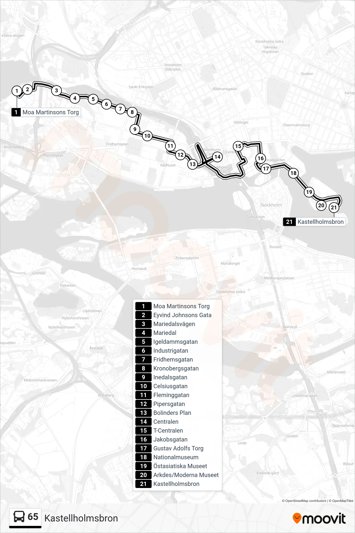 Rutt och hållplatser på karta för linje 65 buss, (Kastellholmsbron)