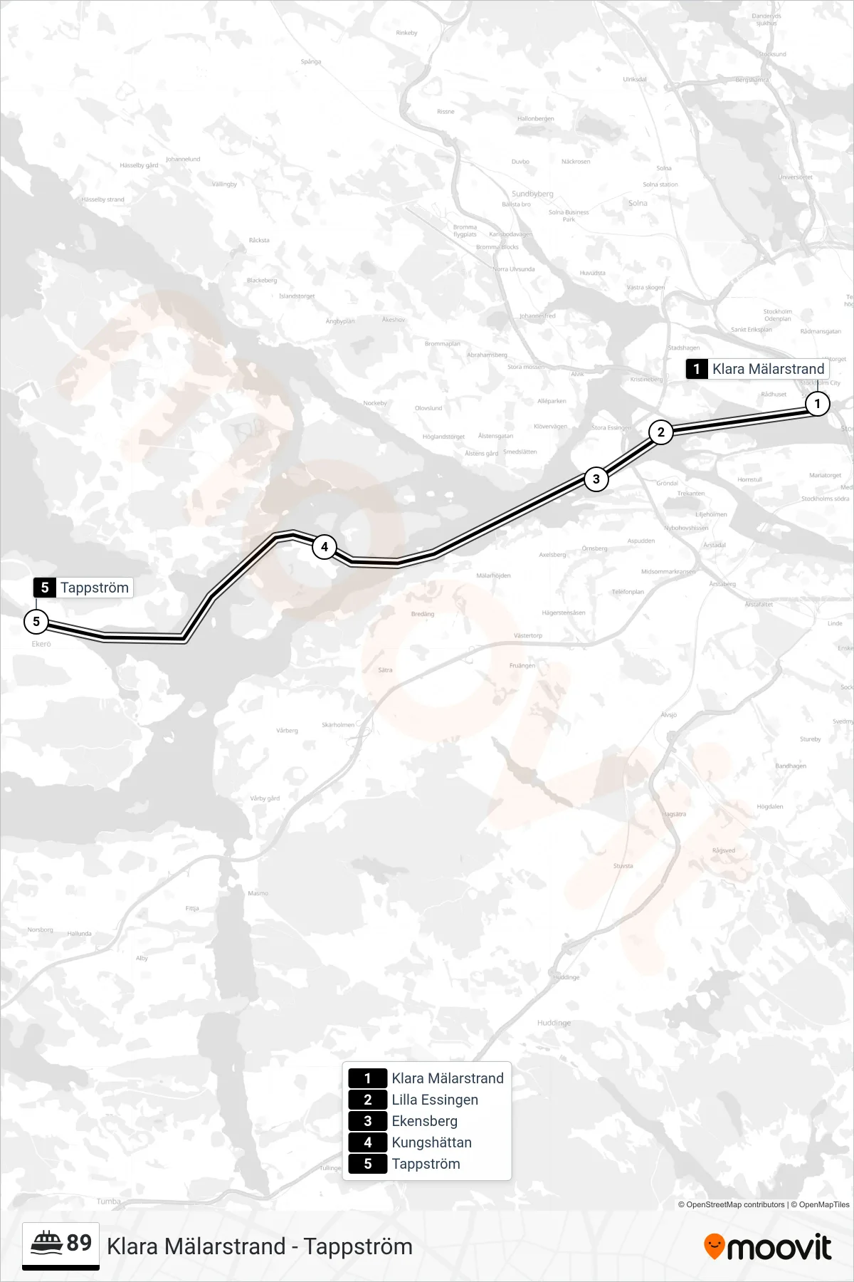 Rutt och hållplatser på karta för linje 89  färja, (Tappström)