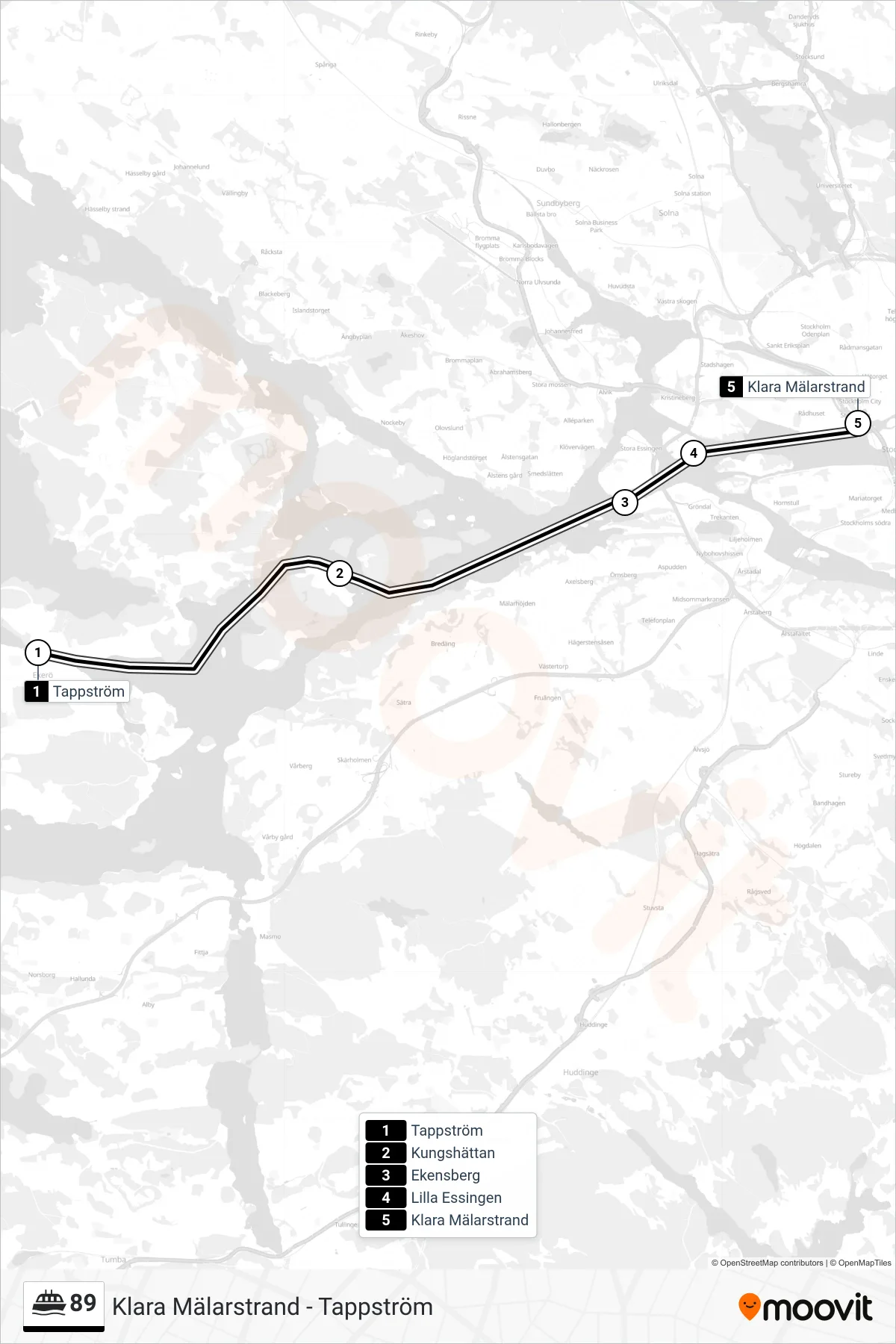 Rutt och hållplatser på karta för linje 89 färja, (Klara Mälarstrand)