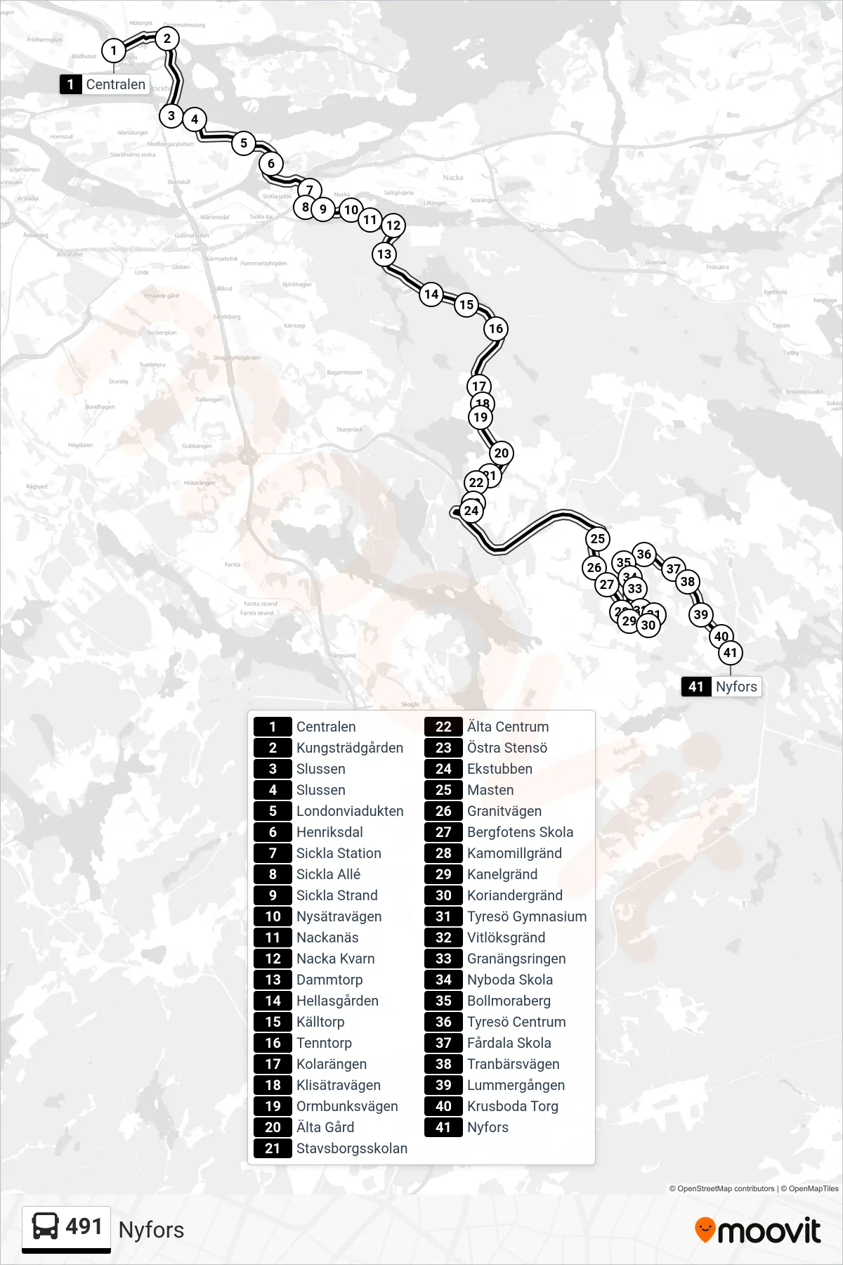 Rutt och hållplatser på karta för linje 491 buss, (Nyfors)