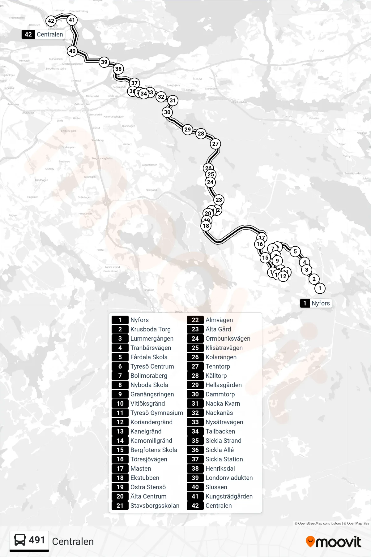 Rutt och hållplatser på karta för linje 491 buss, (Centralen)