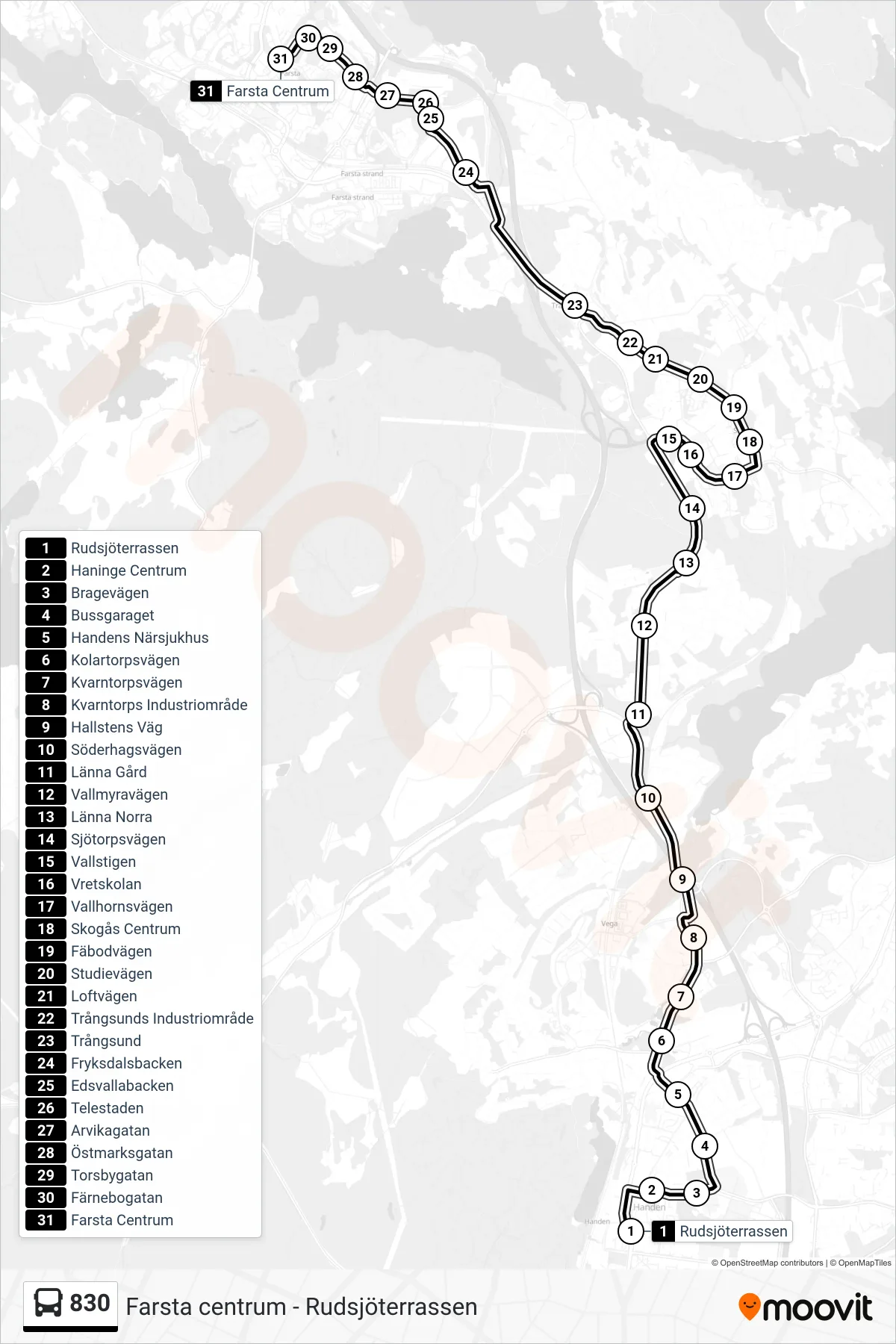 Rutt och hållplatser på karta för linje 830  buss, (Farsta Centrum)