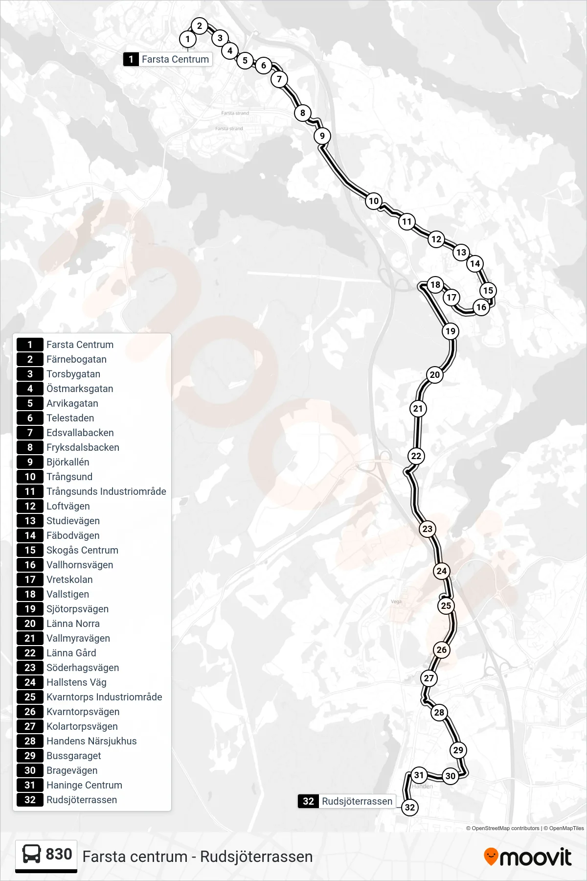 Rutt och hållplatser på karta för linje 830 buss, (Rudsjöterrassen)
