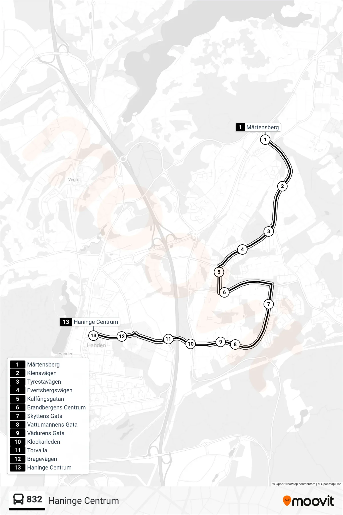 Rutt och hållplatser på karta för linje 832  buss, (Haninge Centrum)