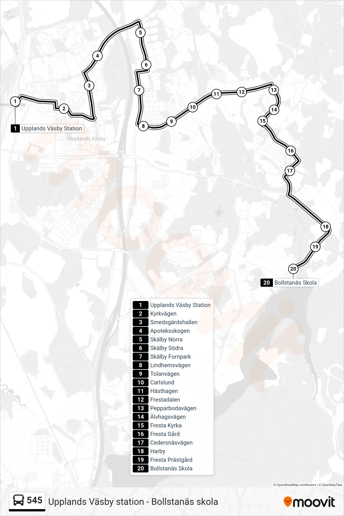 Rutt och hållplatser på karta för linje 545  buss, (Bollstanäs Skola)