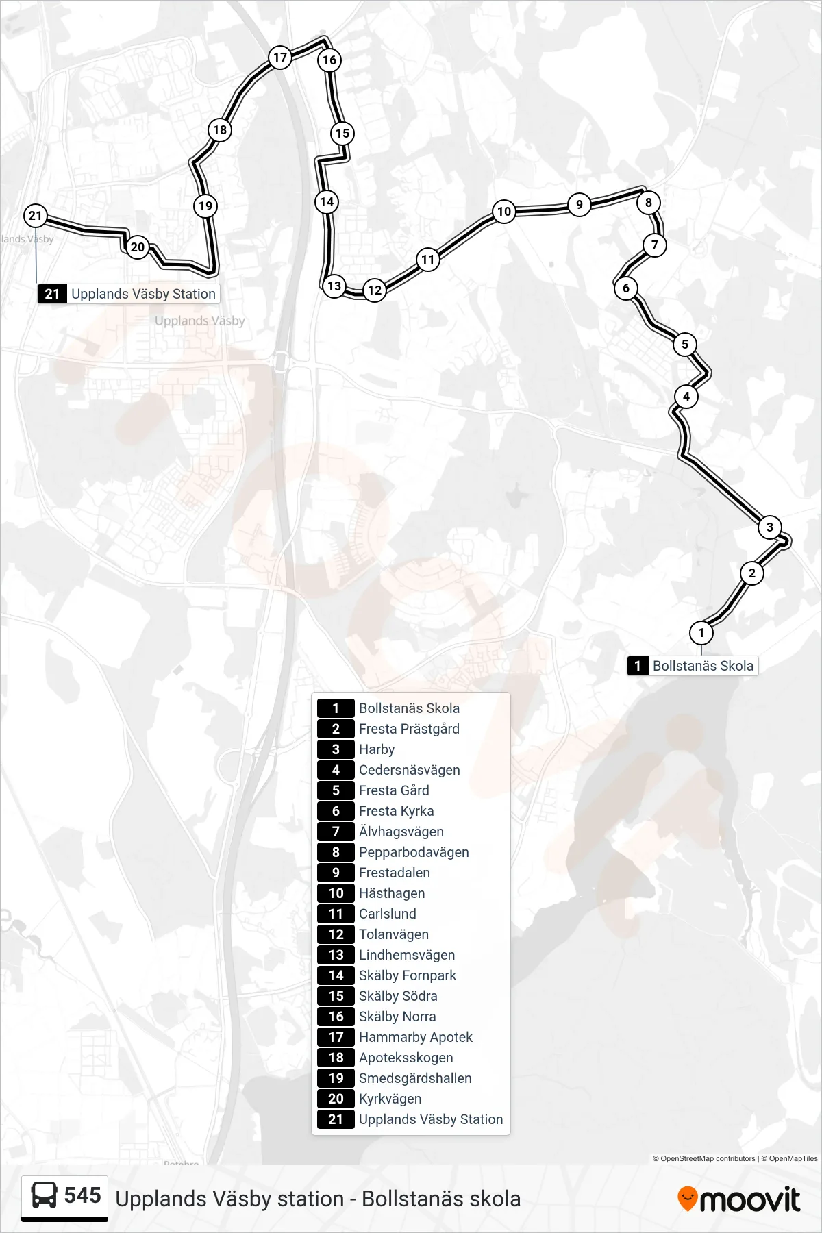 Rutt och hållplatser på karta för linje 545 buss, (Upplands Väsby Station)