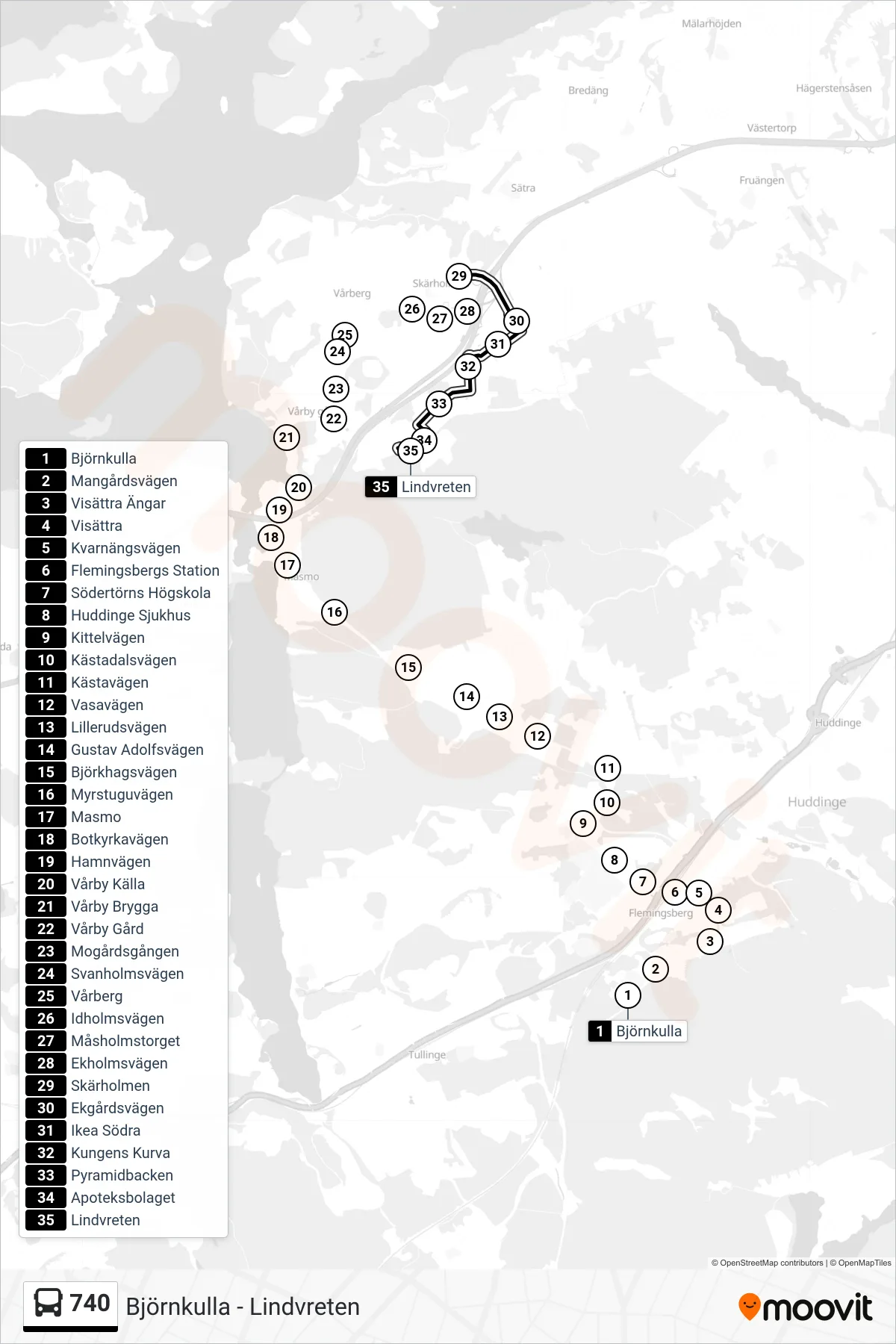 Rutt och hållplatser på karta för linje 740 buss, (Lindvreten)